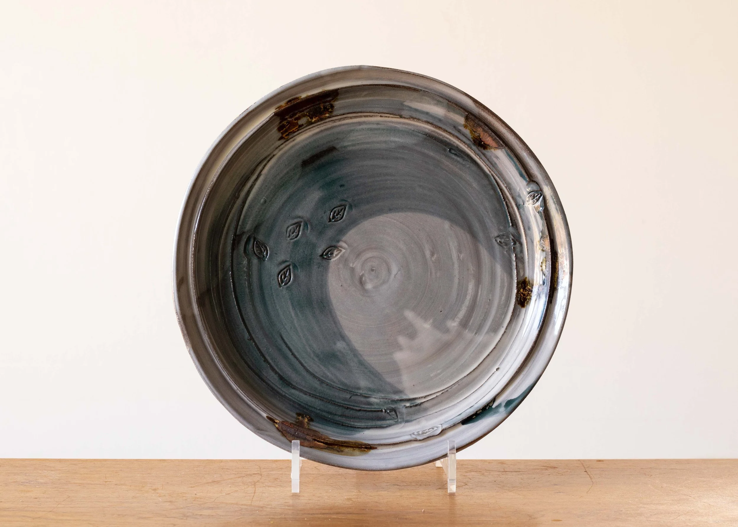 Handmade Pottery Dinner Plate with Turquoise Brush Marks, view 1.jpg