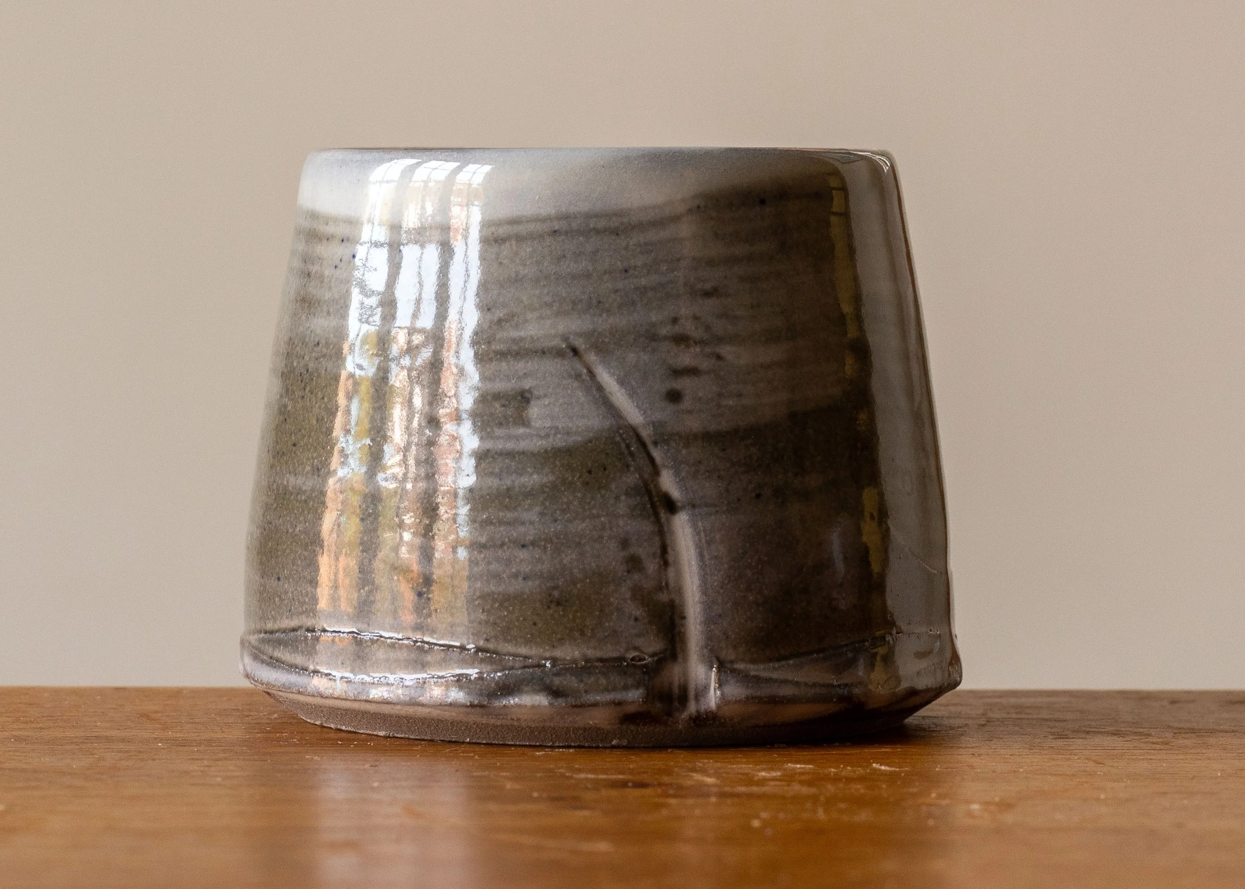 Handmade Pottery Coffee Cup with Brown Brush Marks, view 2.jpg