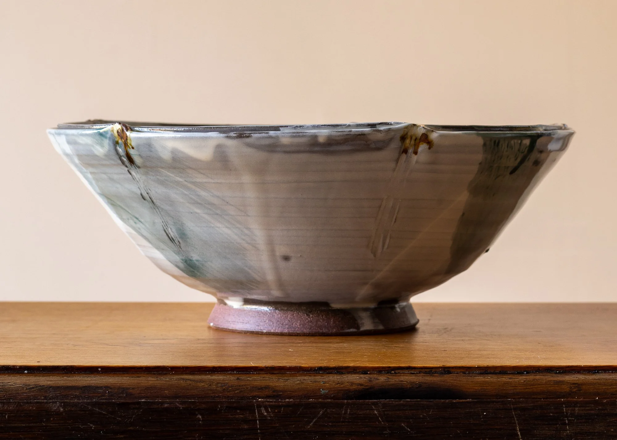 Large Handmade Pottery Serving Bowl with Turquoise and Brown Decoration, side 2.jpg