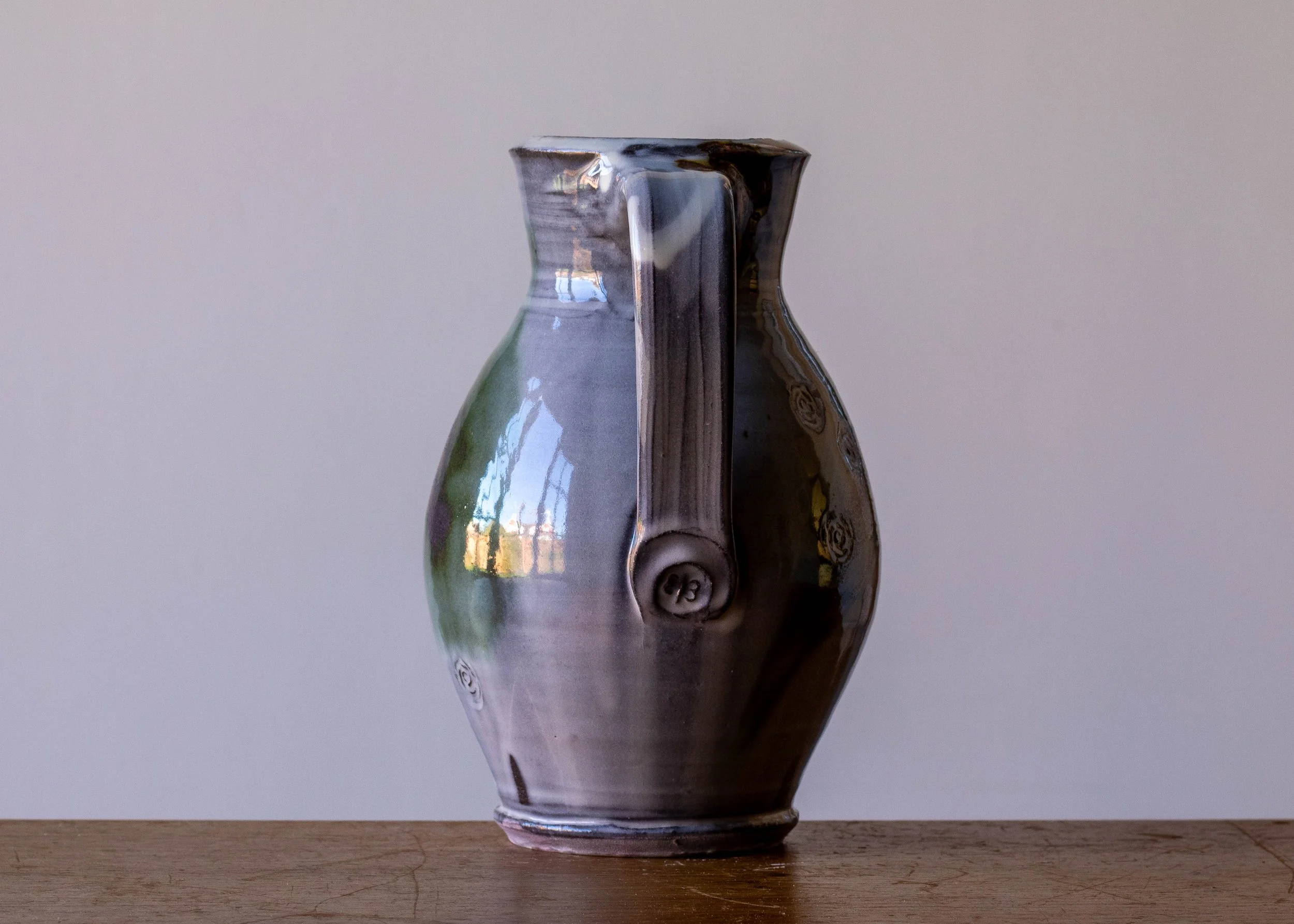 Handmade Pottery Jug with Green Brush Marks, view 5.jpg