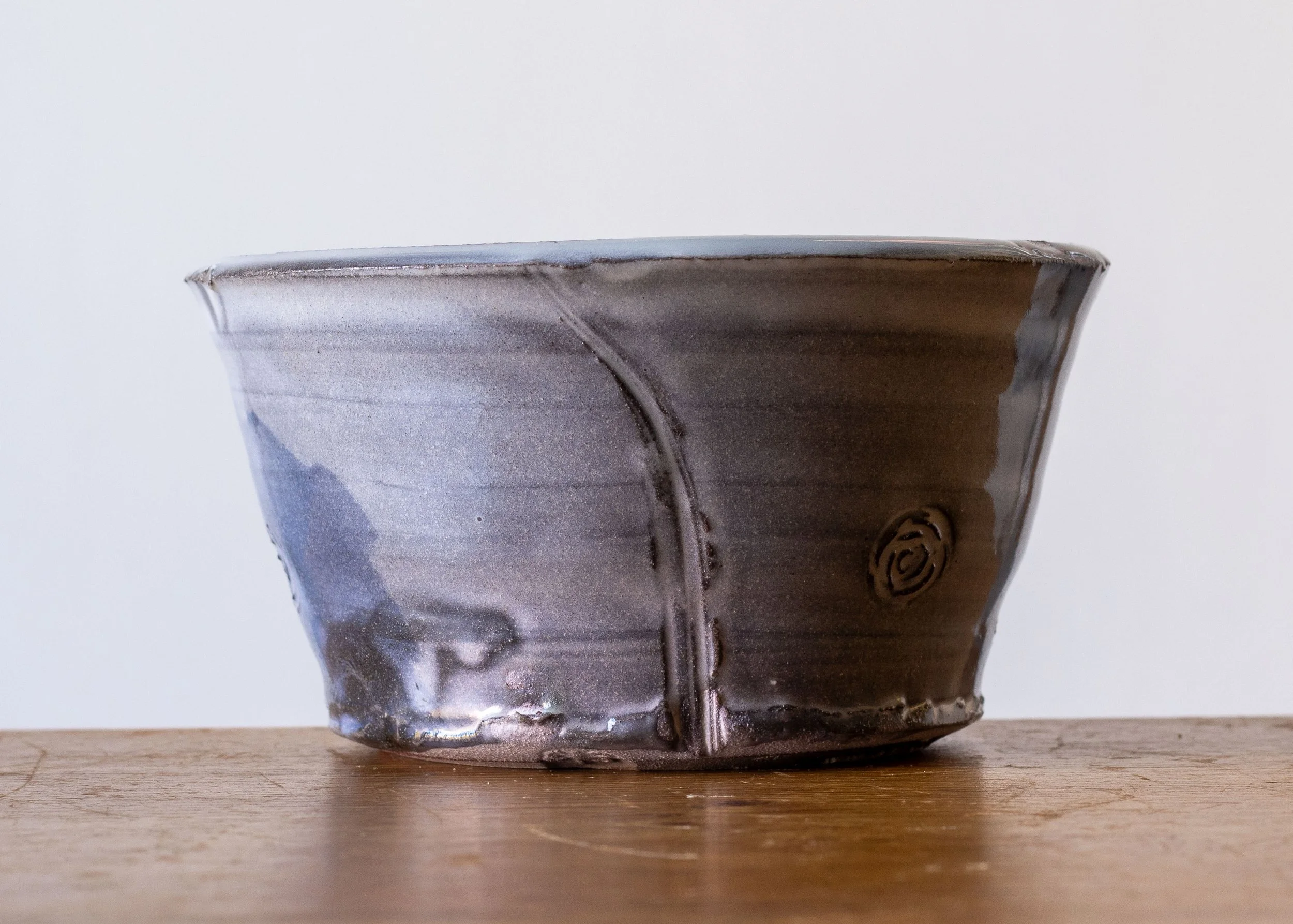 Handmade Pottery Bowl with Blue Brush Marks, view 1.jpg