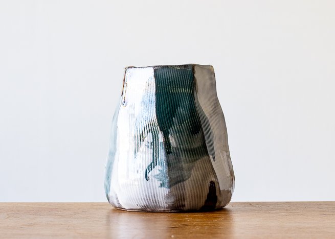 Faceted vase with Turquoise Brush Marks, side 2.jpg
