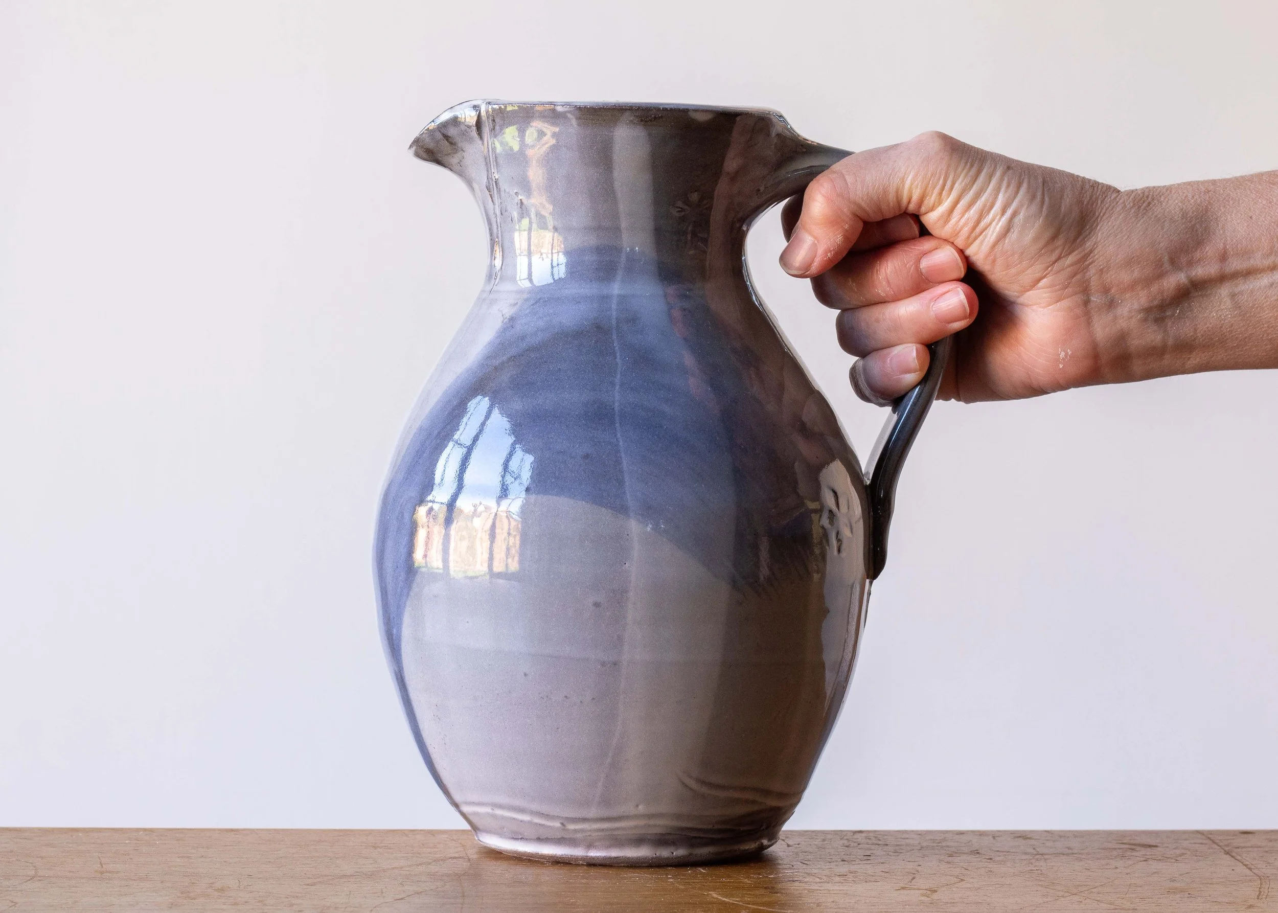 Large Handmade Pottery Jug with Blue Brush Marks, view 2.jpg