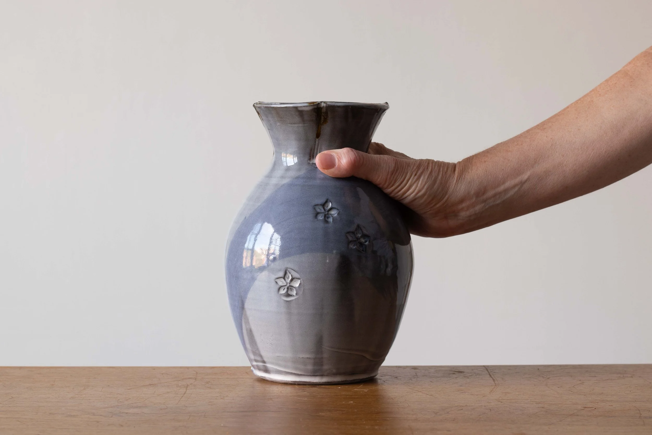 Handmade Pottery Vase with Blue Brush Marks, view 2.jpg