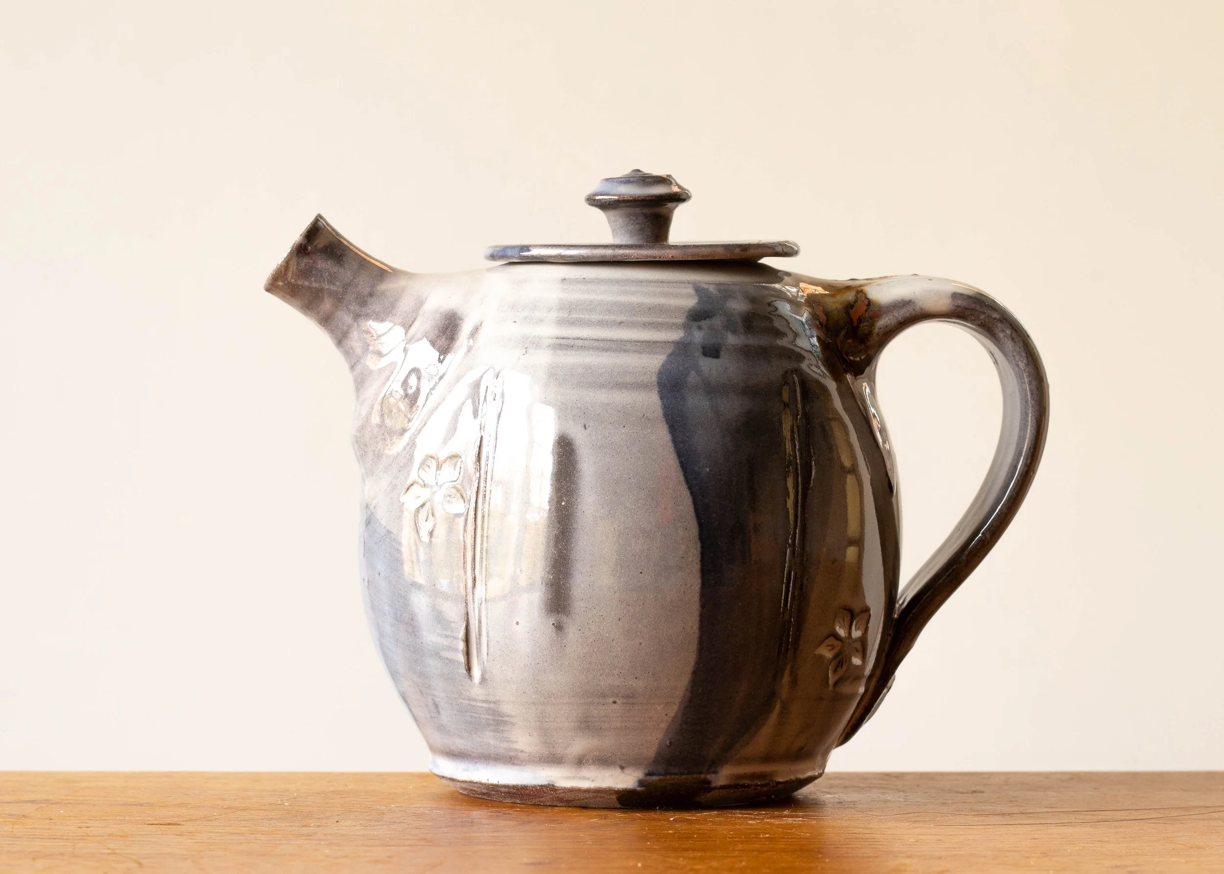 Handmade Pottery Teapot with Blue Brush Marks, view 1.jpg