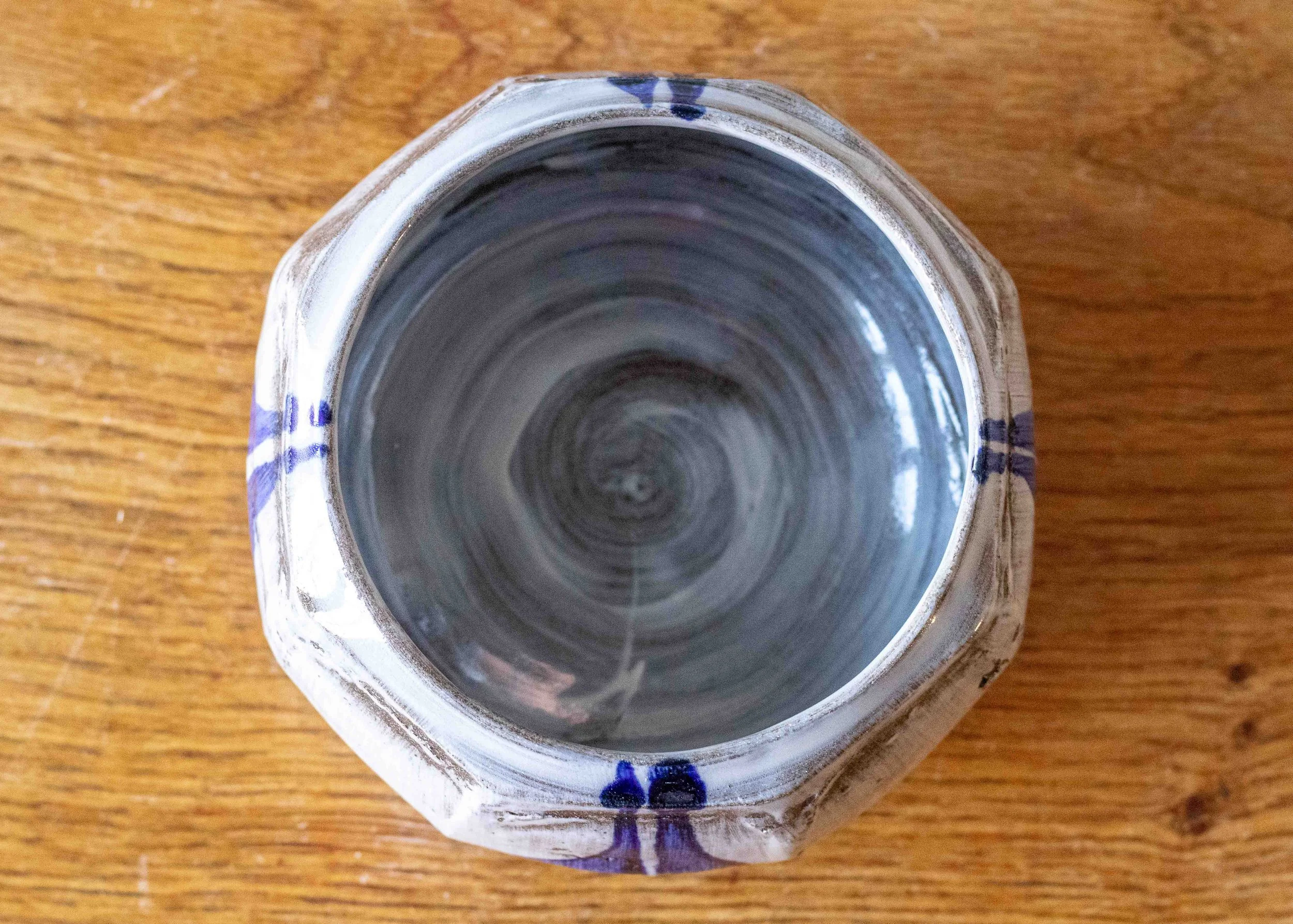 Handmade Pottery Faceted Bowl, New Work 2025, with Blue Brush Marks, view 5.jpg