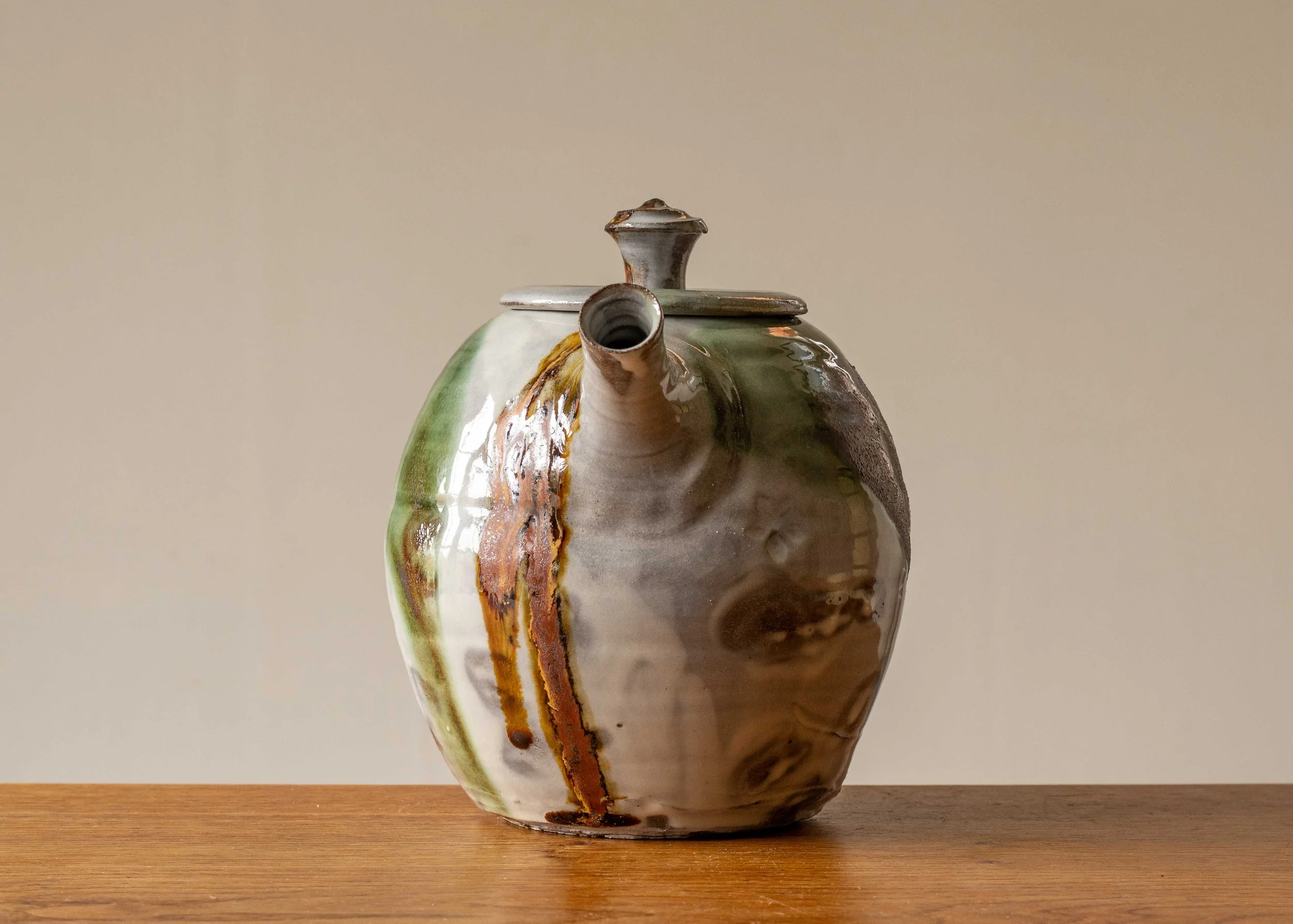 Japandi Style Teapot with Green Brush Marks, view 3.jpg