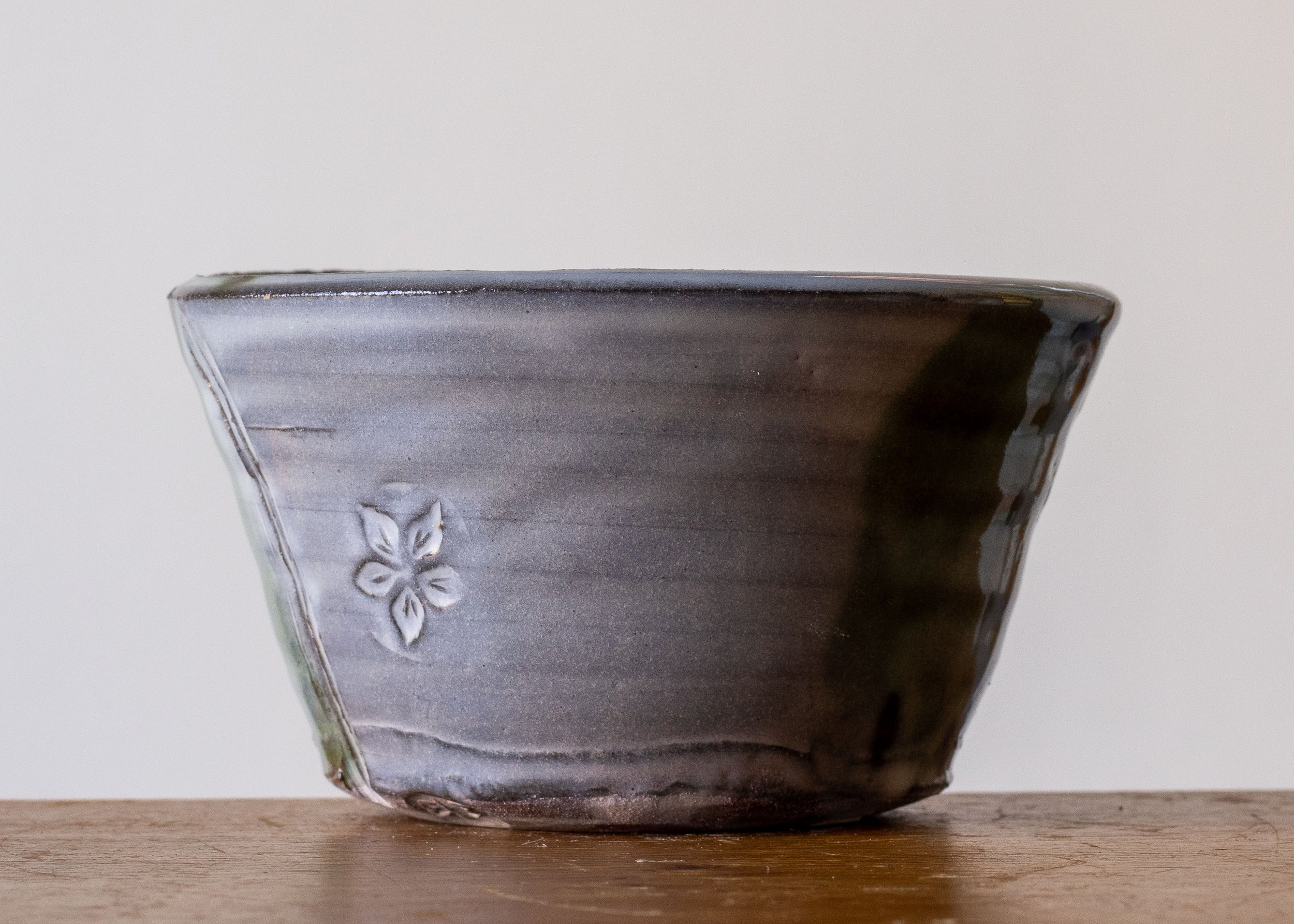 Handmade Pottery Bowl with Green Brush Marks #2, view 2.jpg