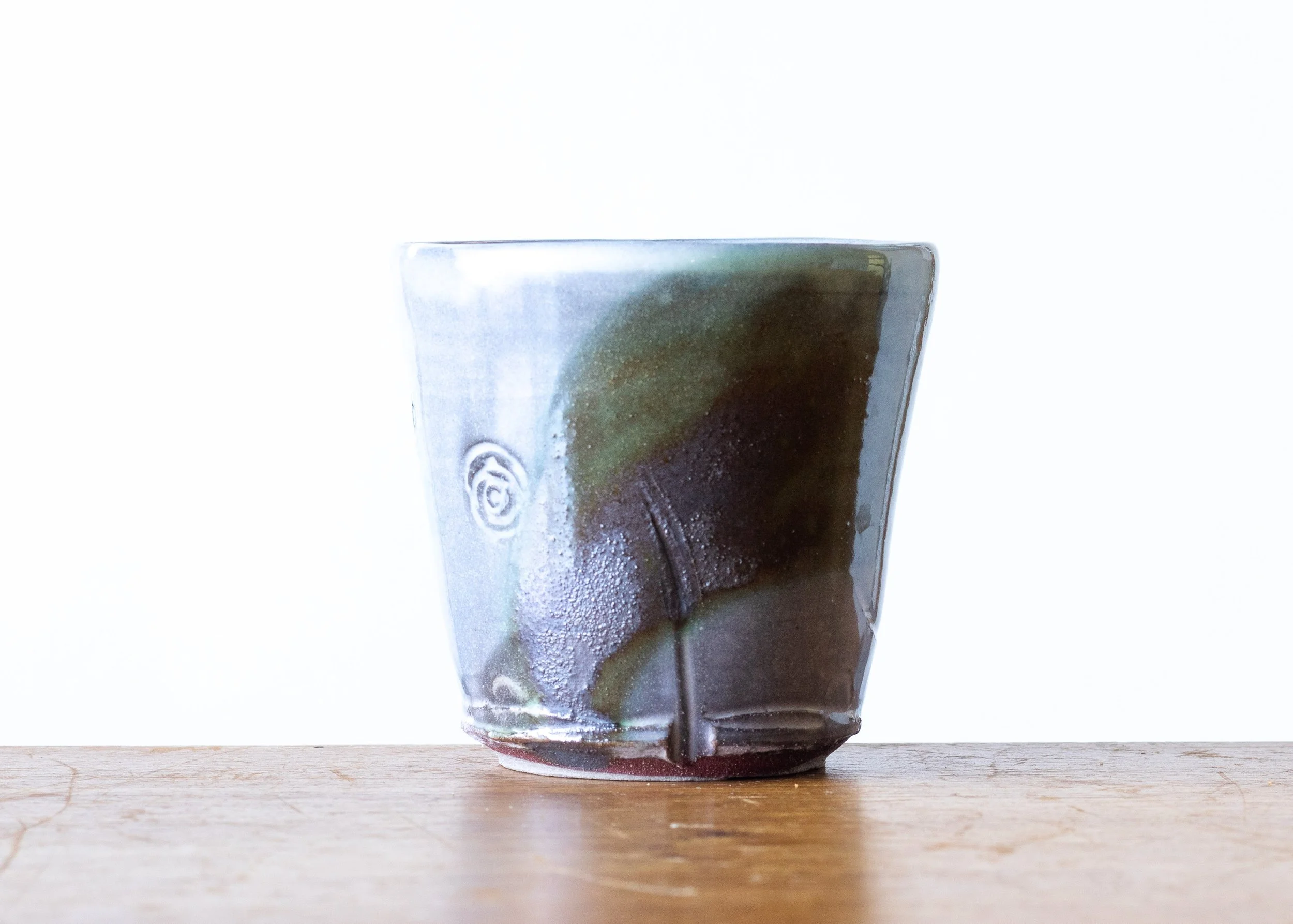 Handmade Pottery Beaker with Green Brush Mark, view 1.jpg