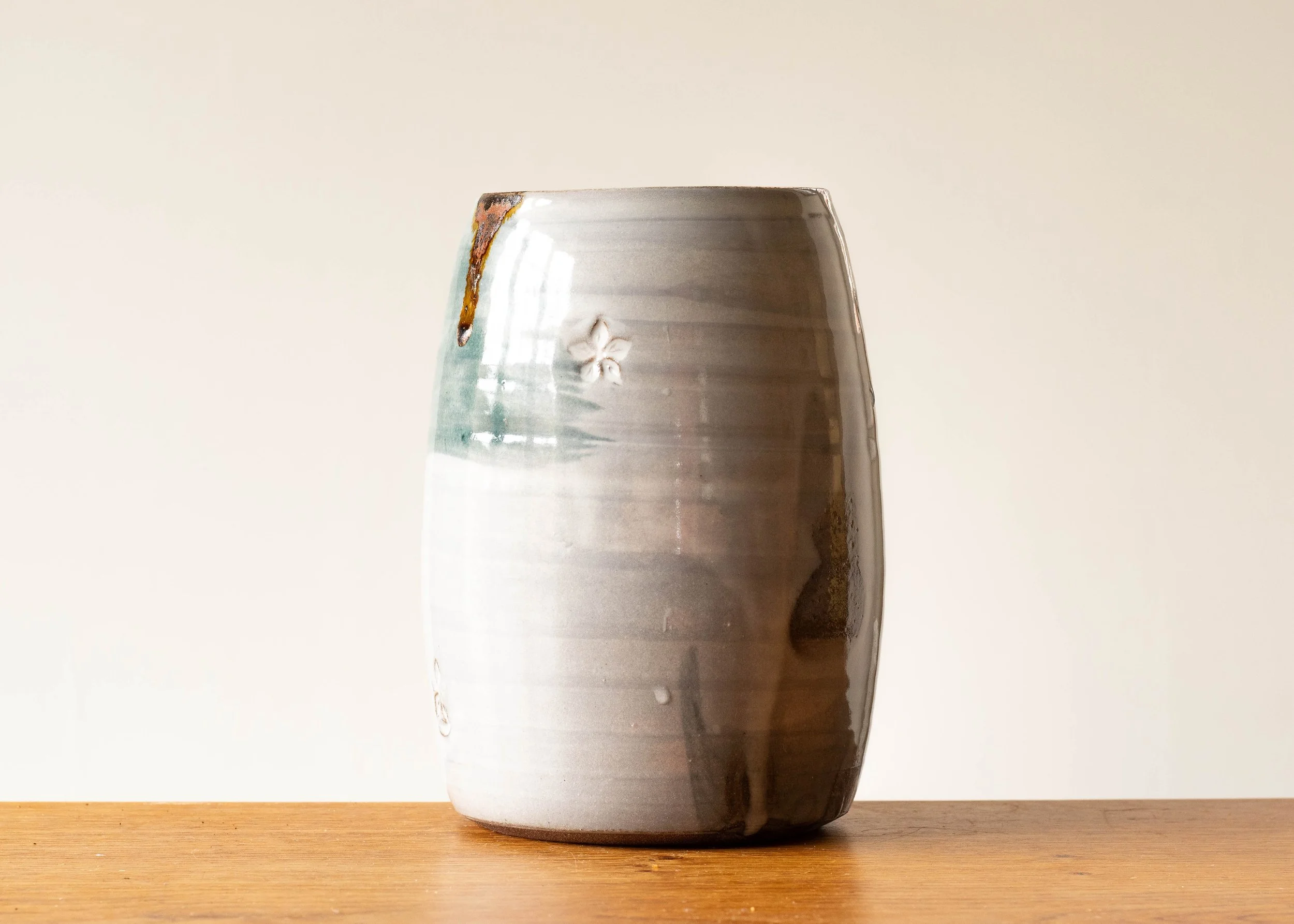 Handmade Pottery Open Vase with Green Brush Marks, view 4.jpg