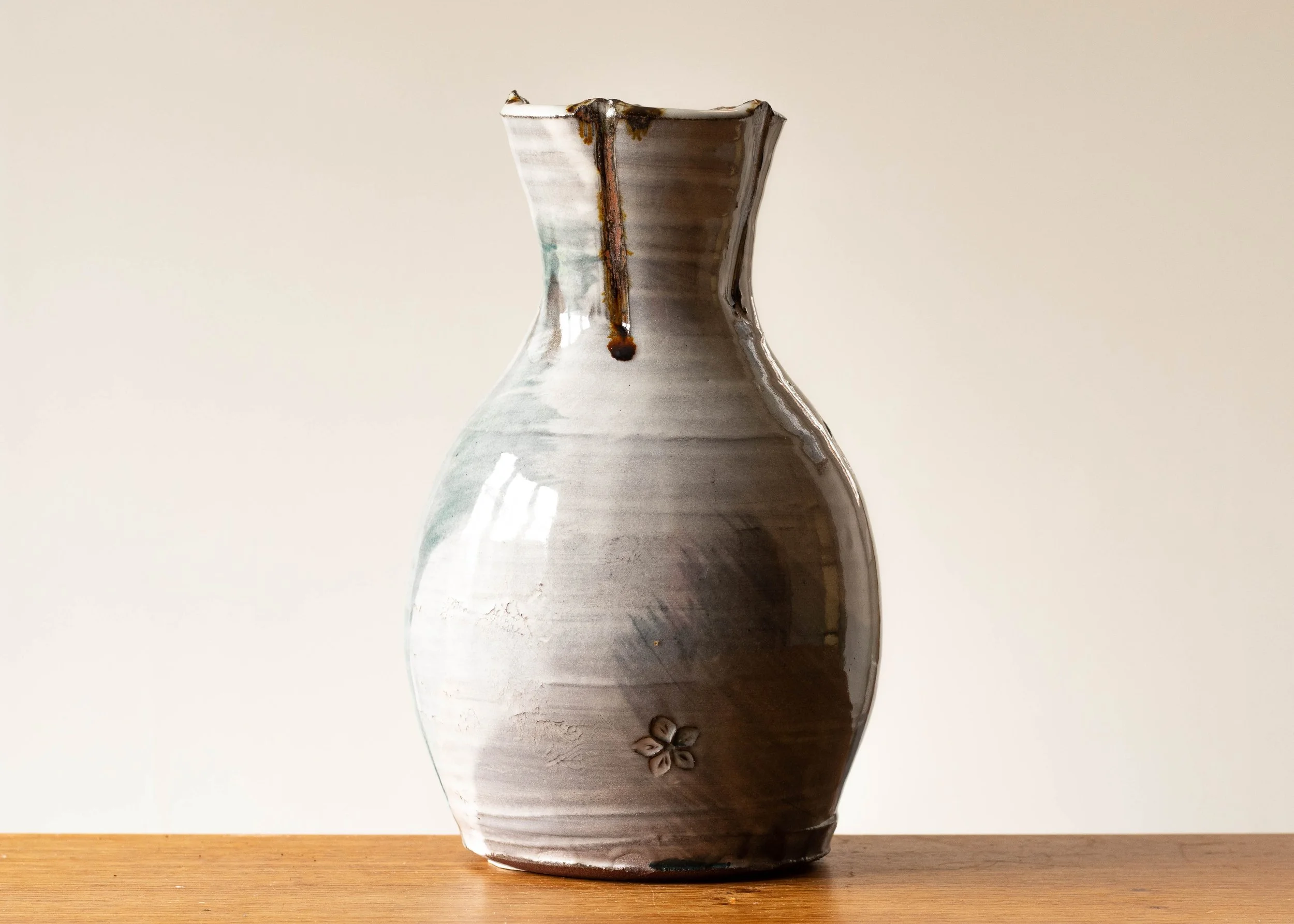 Handmade Pottery Vase with Green Brush Marks, view 2.jpg