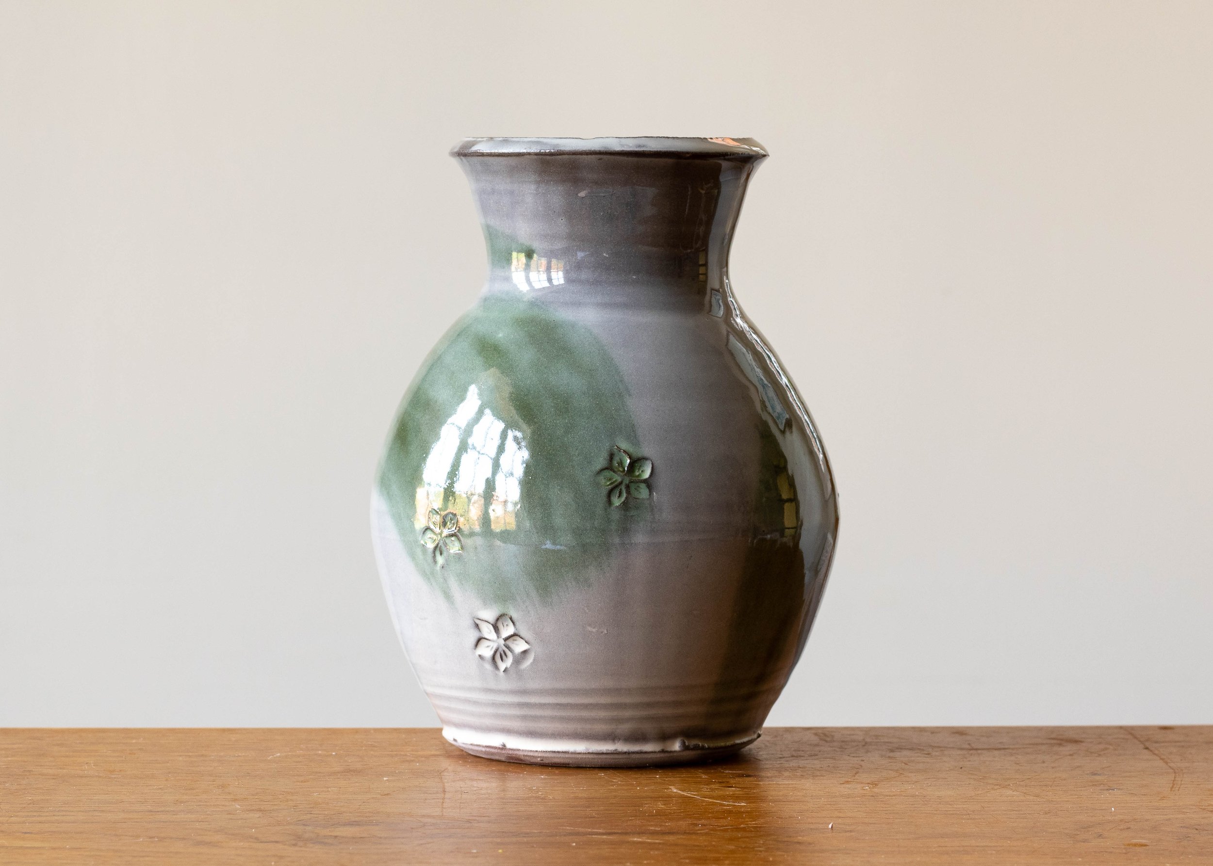 Handmade Stoneware Pottery Vase with Green Brush Mark, view 4.jpg