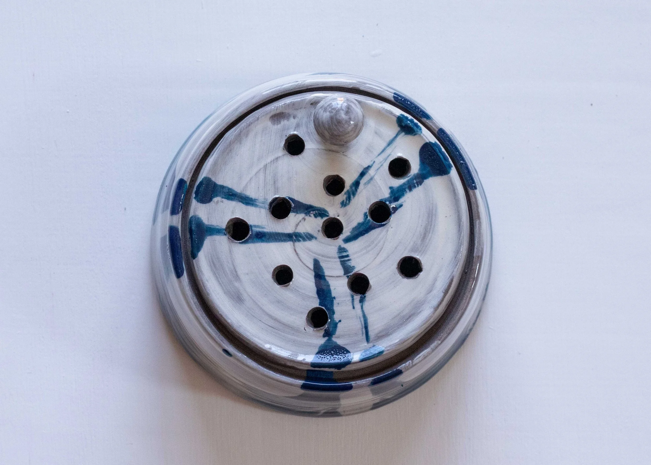 Low Handmade Pottery Flower Frog with Blue Brush Marks, view from above.jpg