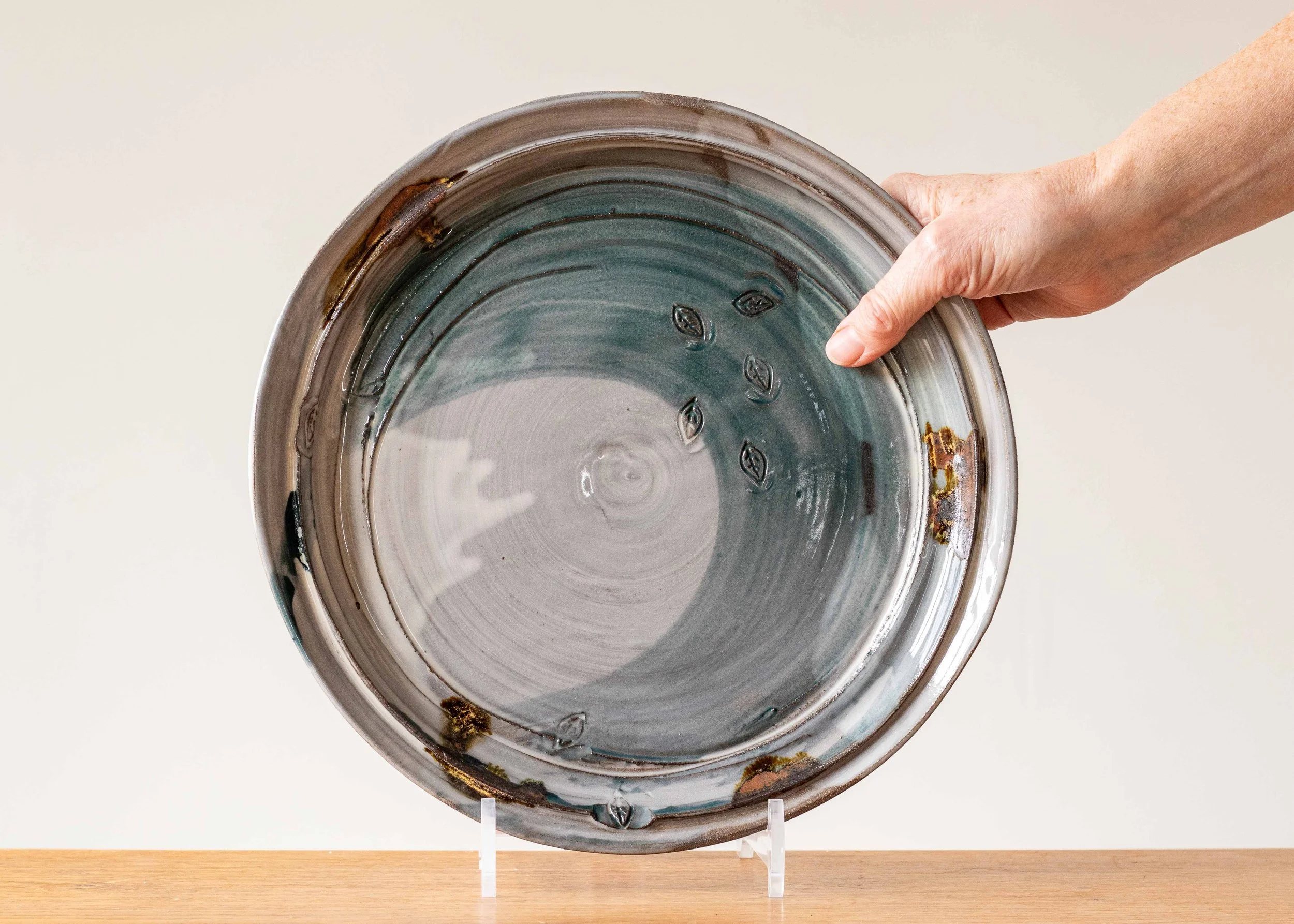 Large Handmade Pottery Dinner Plate with Turquoise Brush Mark, New Work 2025, view 2.jpg