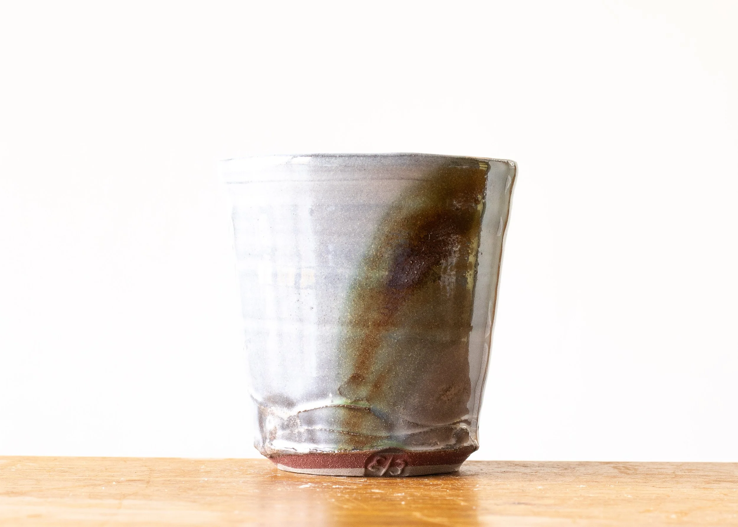 Handmade Pottery Beaker with Green Brush Mark #3, view 3.jpg