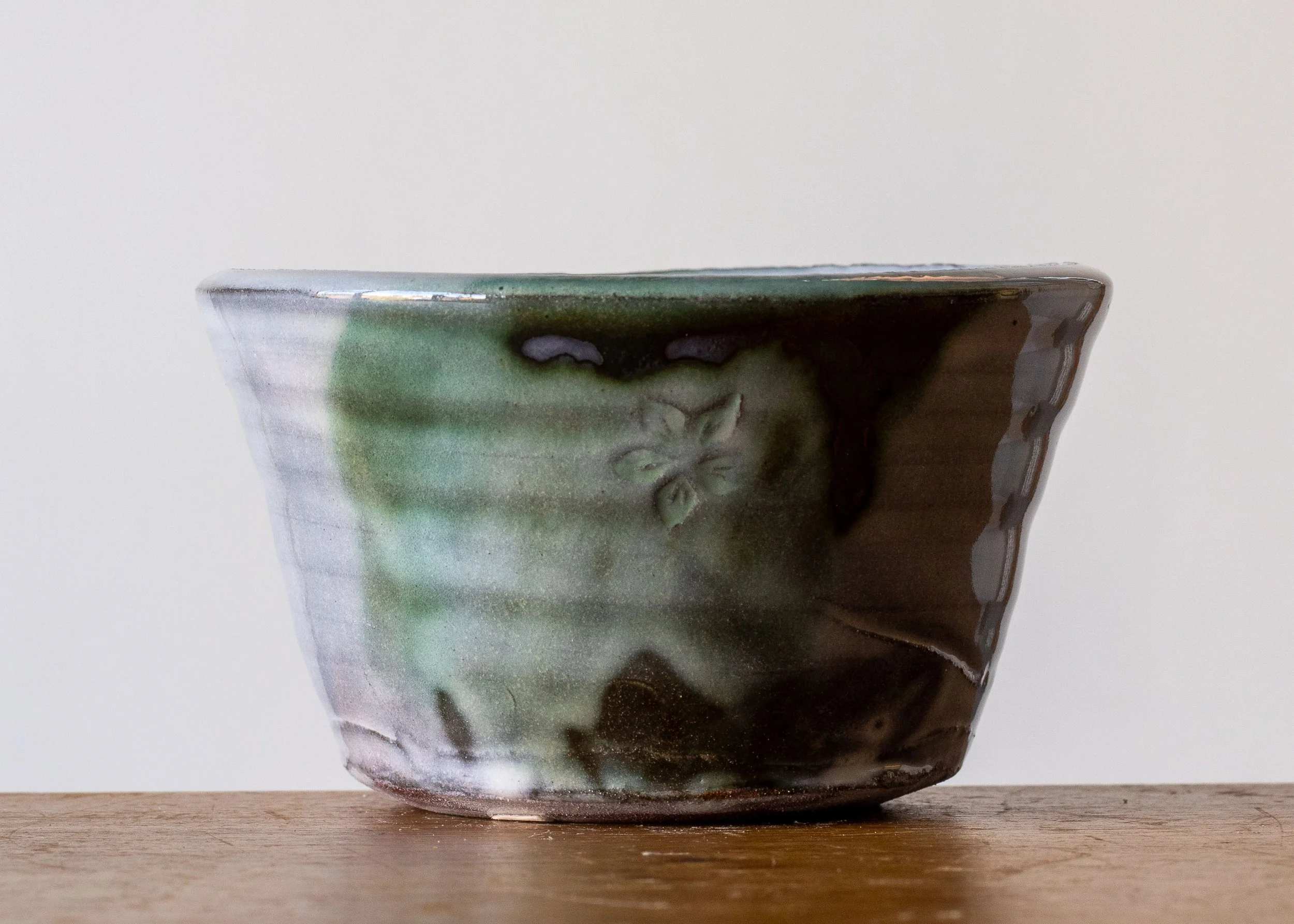 Handmade Pottery Bowl with Green Brush Marks #2, view 1.jpg
