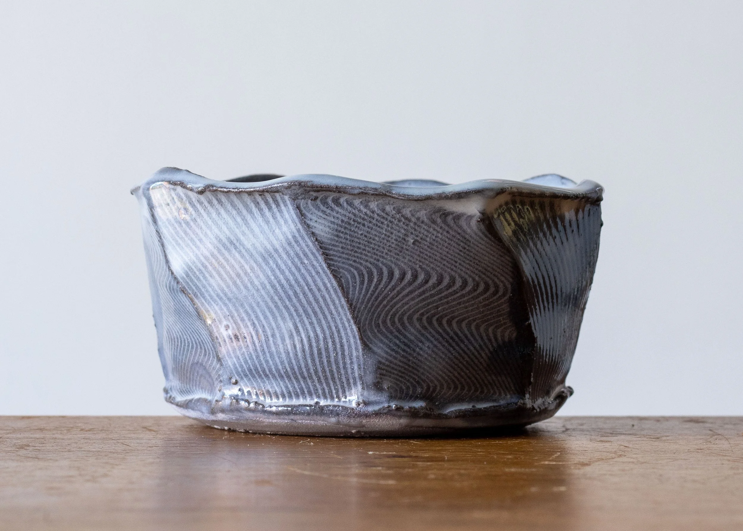 Handmade Pottery Faceted Bowl with Blue Brush Marks, view 4.jpg
