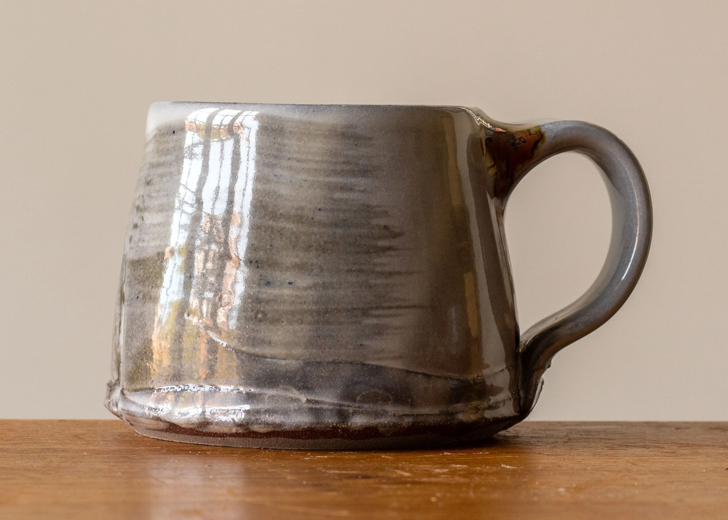 Handmade Pottery Coffee Cup with Brown Brush Marks, view 1.jpg