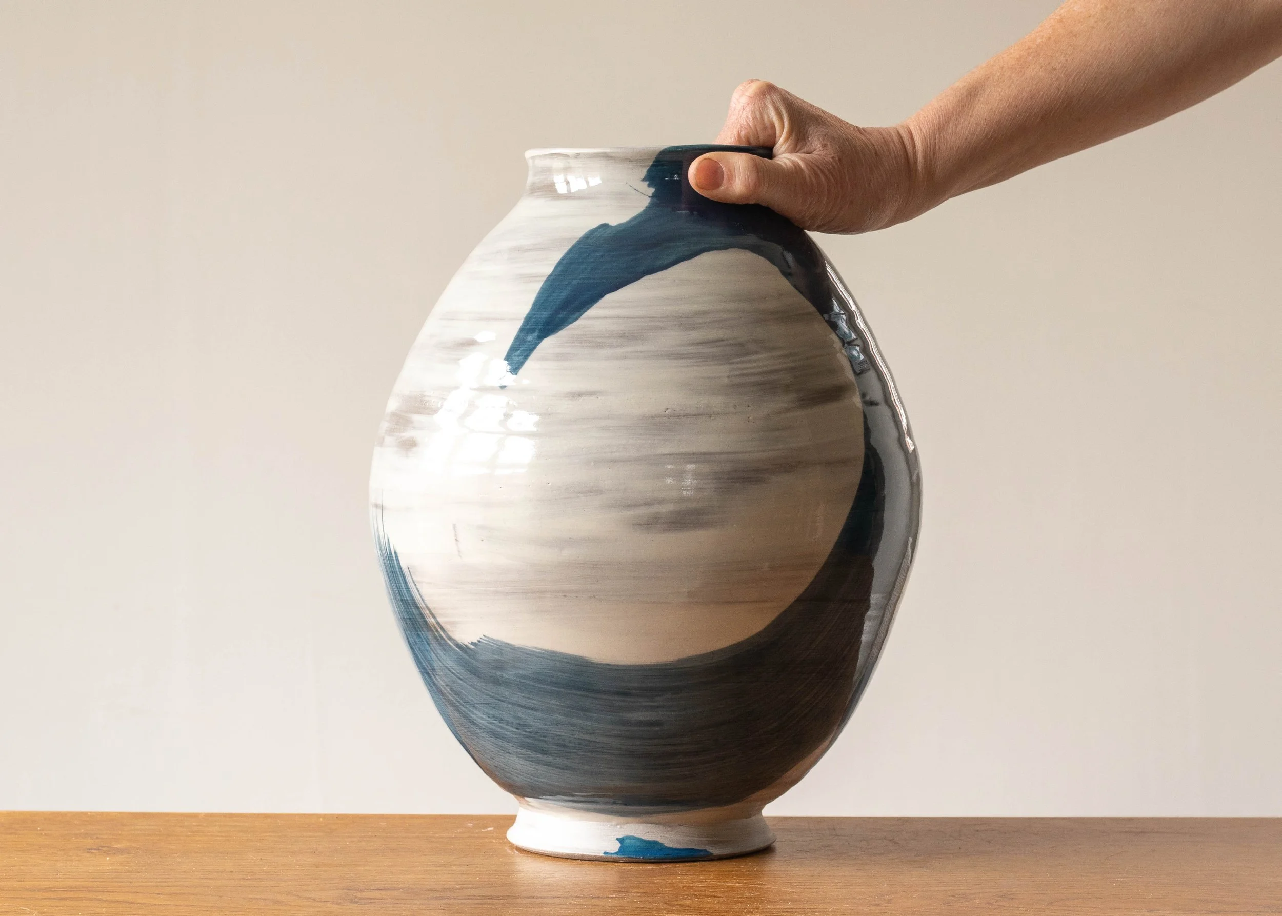 Handmade White Moon Jar or Vase with Blue Brush Mark, view 5.jpg