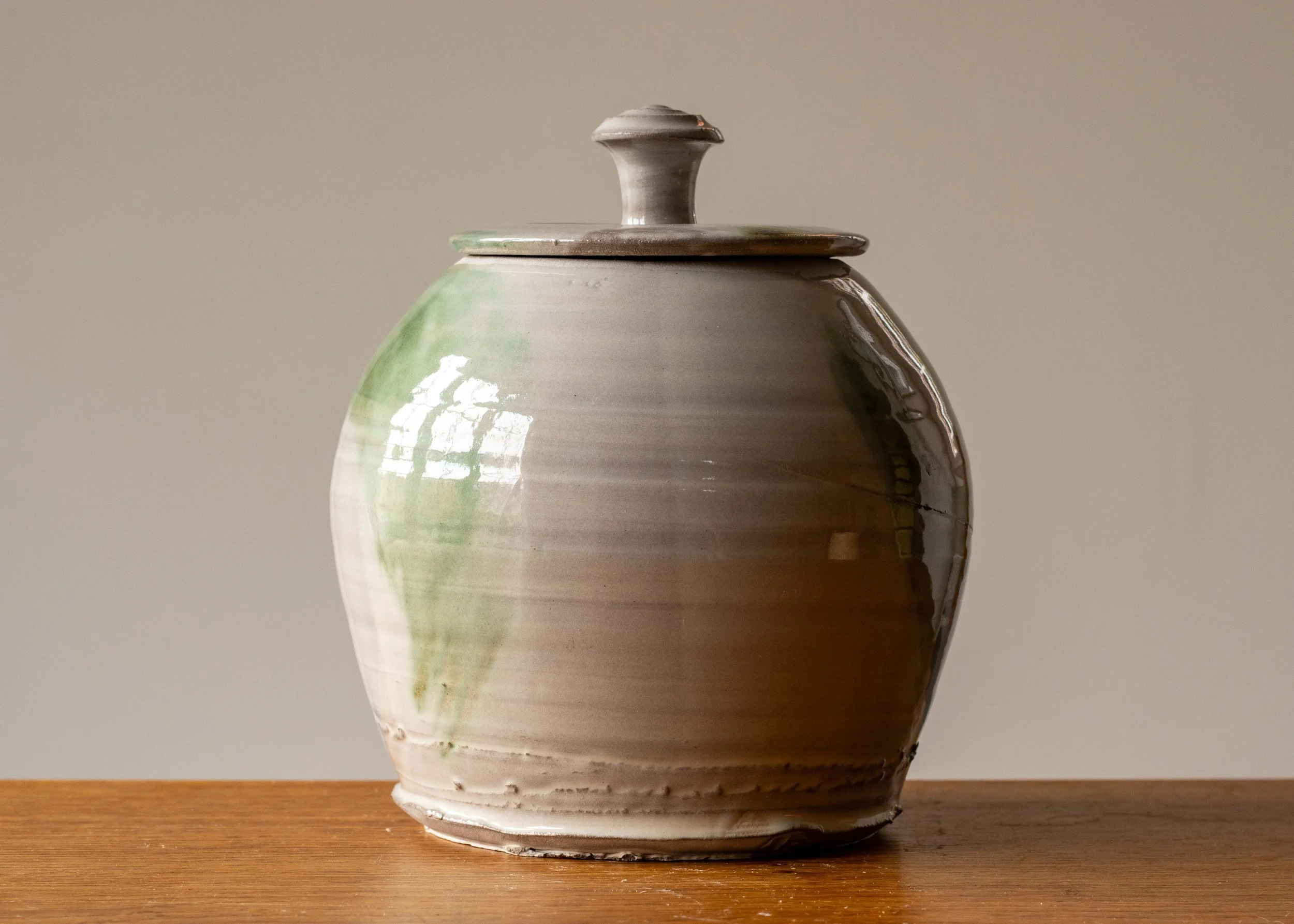 White Handcrafted Lidded Pot and Green Brush Marks, view 2.jpg