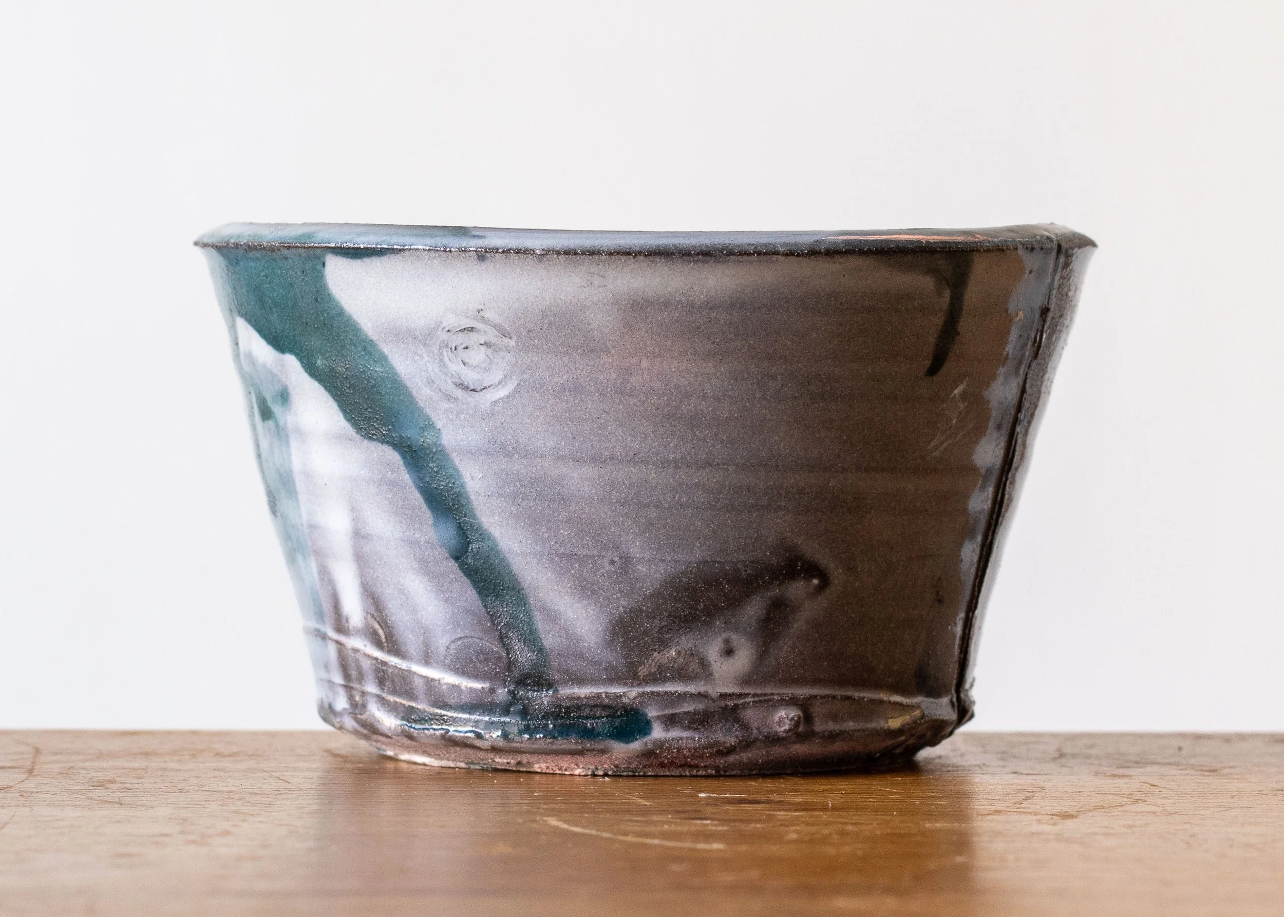 Handmade Pottery Bowl with Turquoise Brush Marks, view 4.jpg