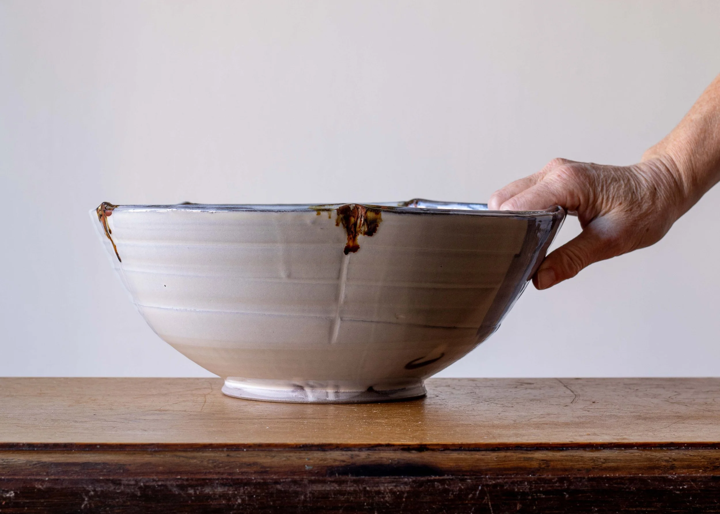 Large Handmade Pottery Bowl with Blue Brush Marks, view 2.jpg