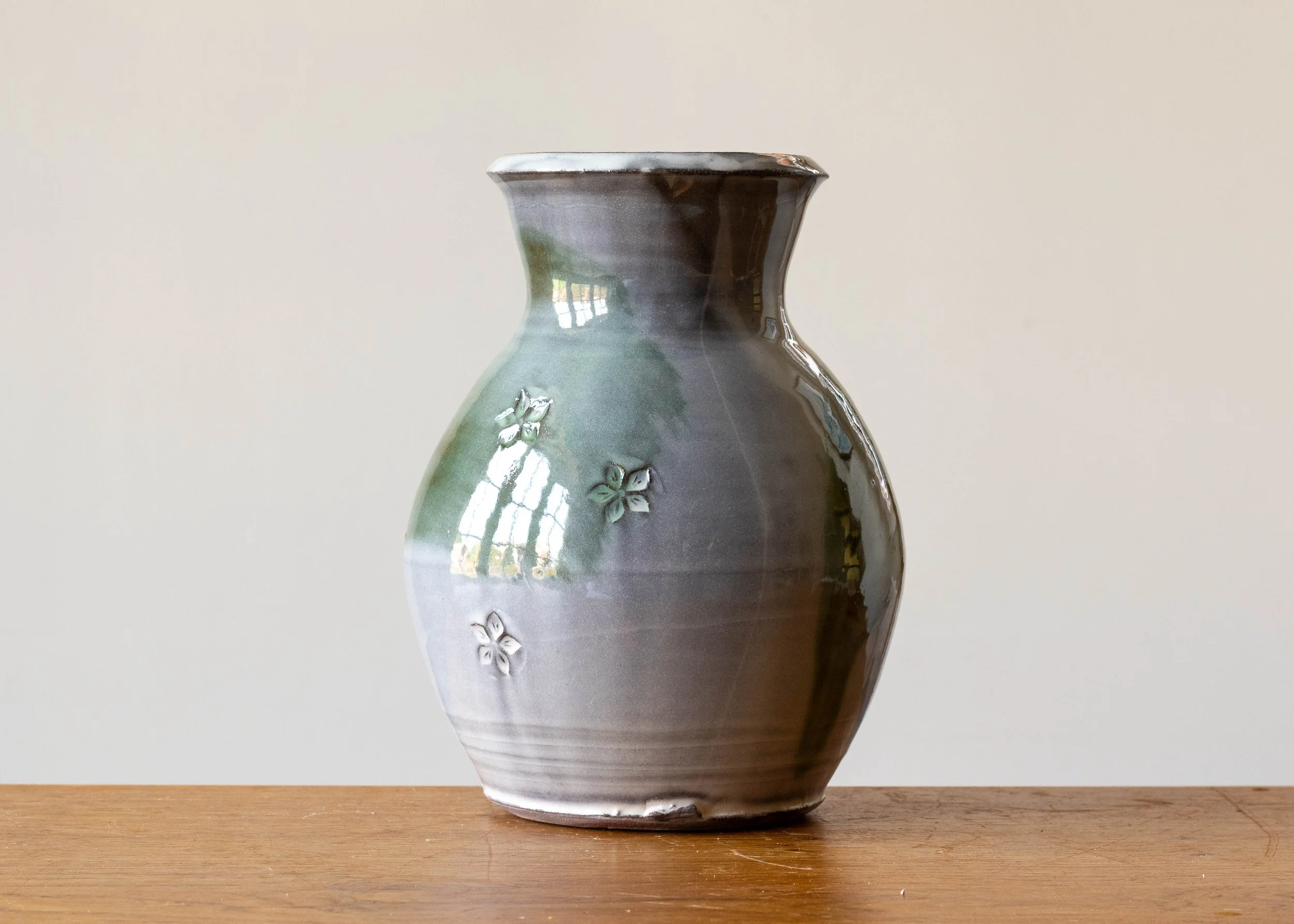Handmade Stoneware Pottery Vase with Green Brush Mark, view 2.jpg