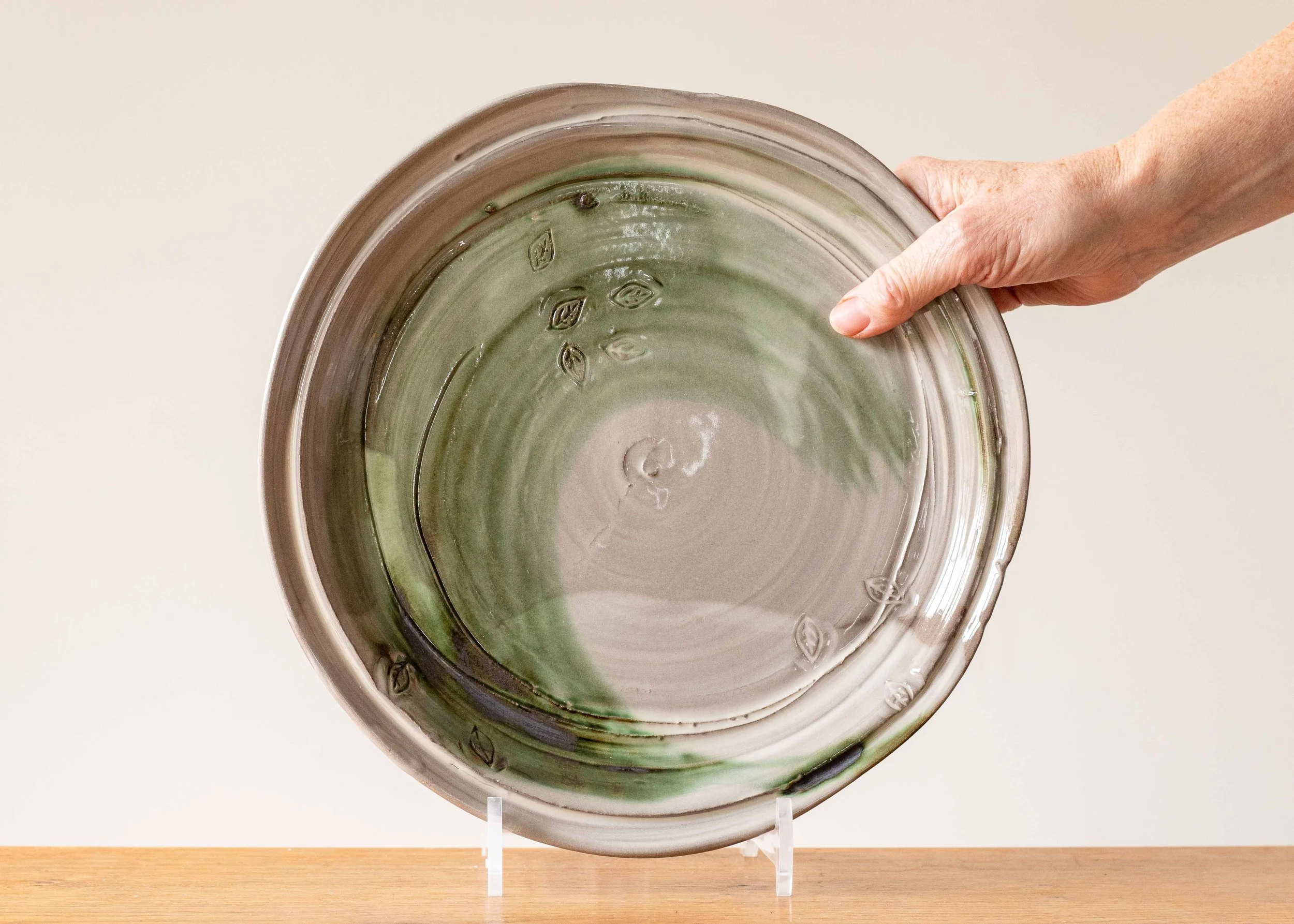 Large White Handmade Pottery Japandi Style Dinner Plate with Contemporary Green Brushed Decoration