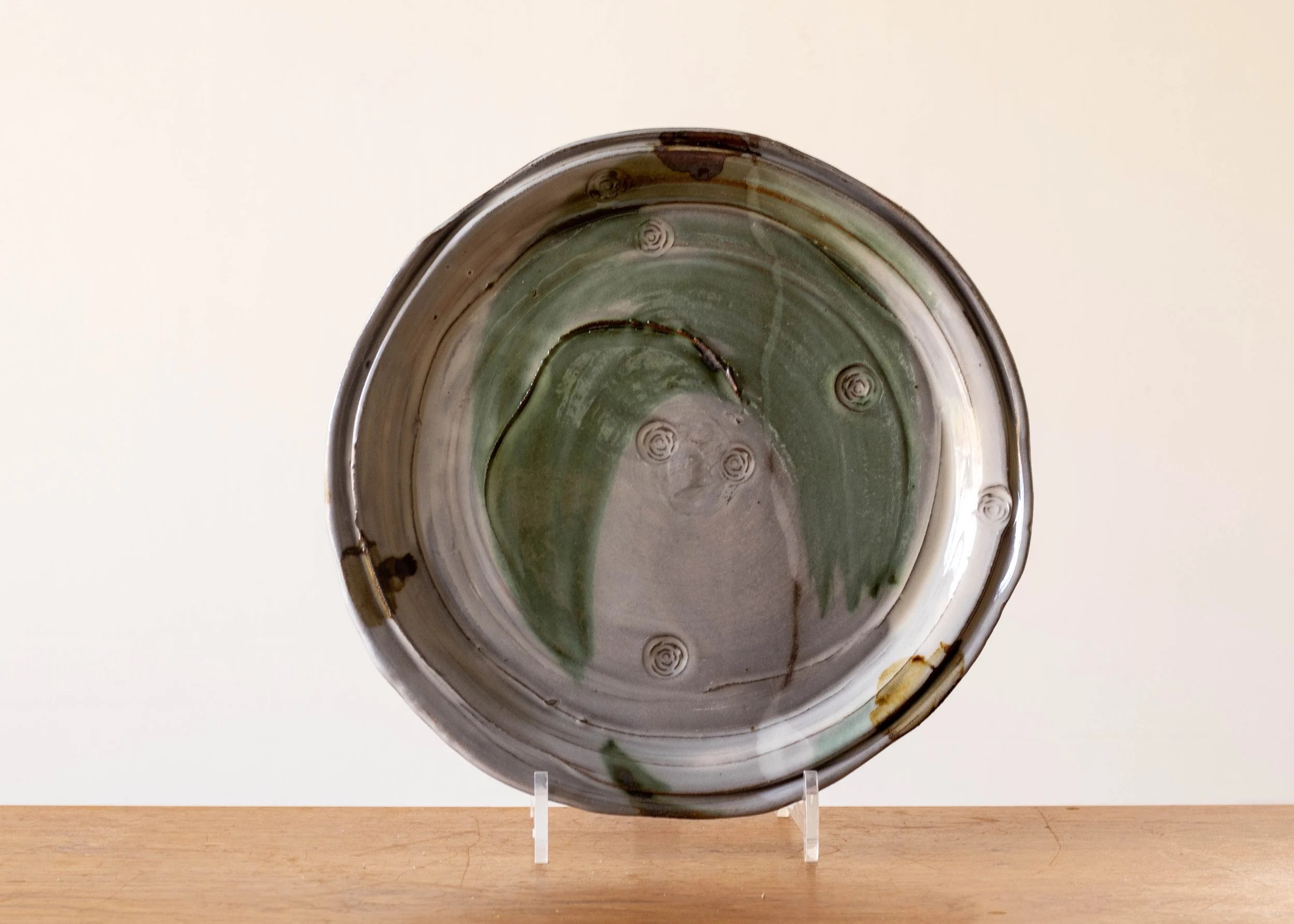 Handmade Pottery Dinner Plate with Green Brush Marks, view 1.jpg