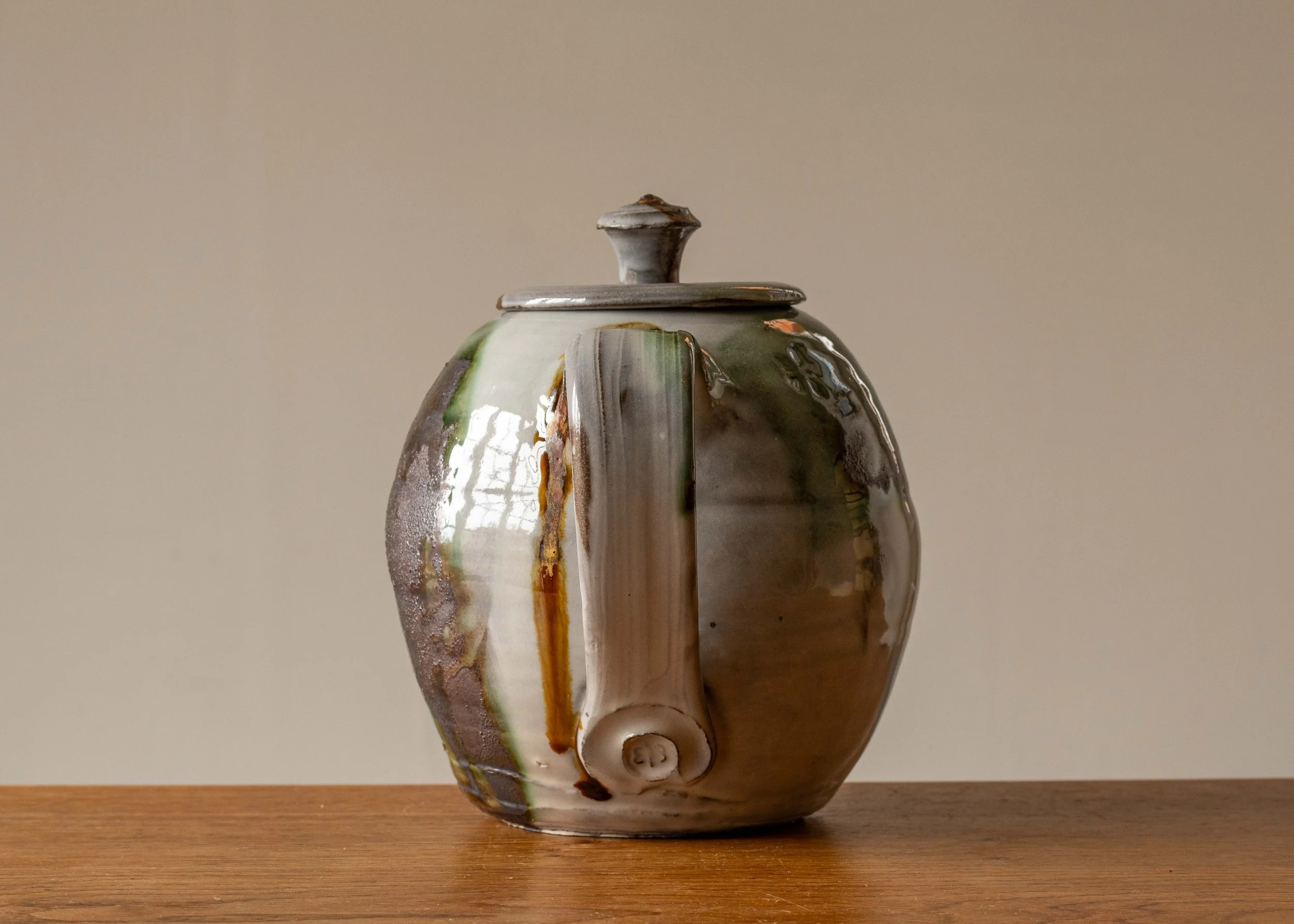 Japandi Style Teapot with Green Brush Marks, view 5.jpg