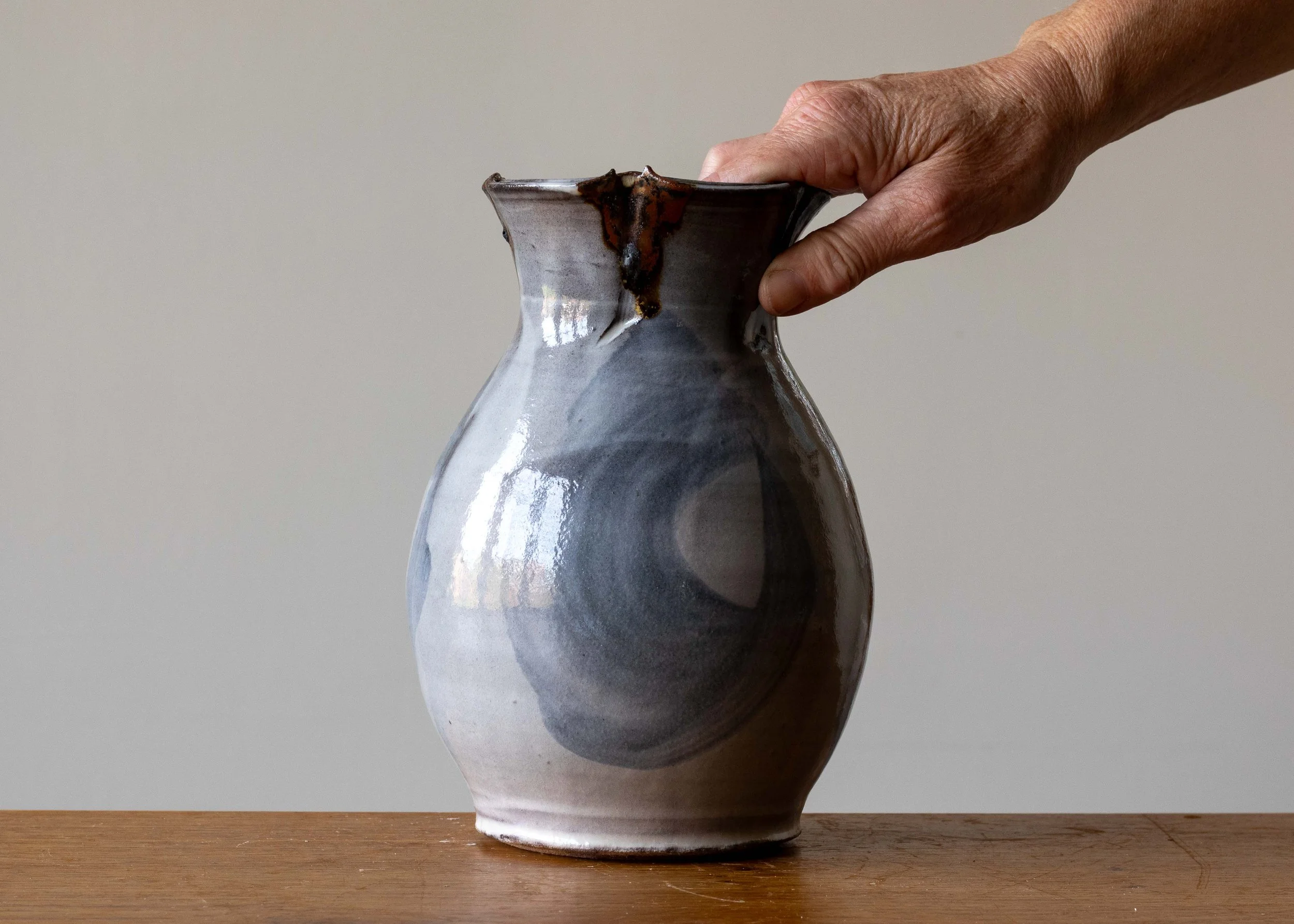 Handmade Stoneware Pottery Vase with Blue Brush Mark, view 7.jpg