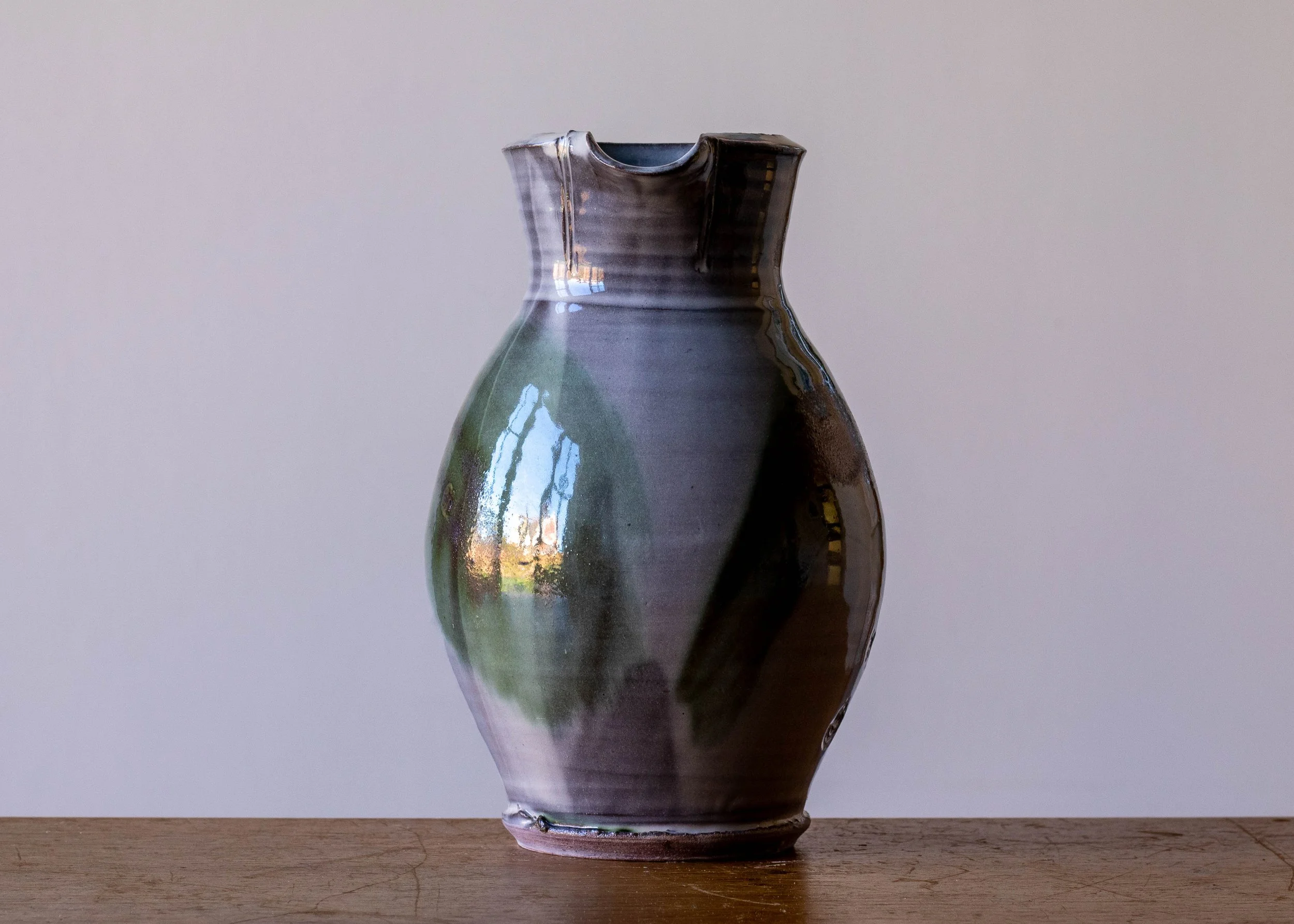 Handmade Pottery Jug with Green Brush Marks, view 3.jpg