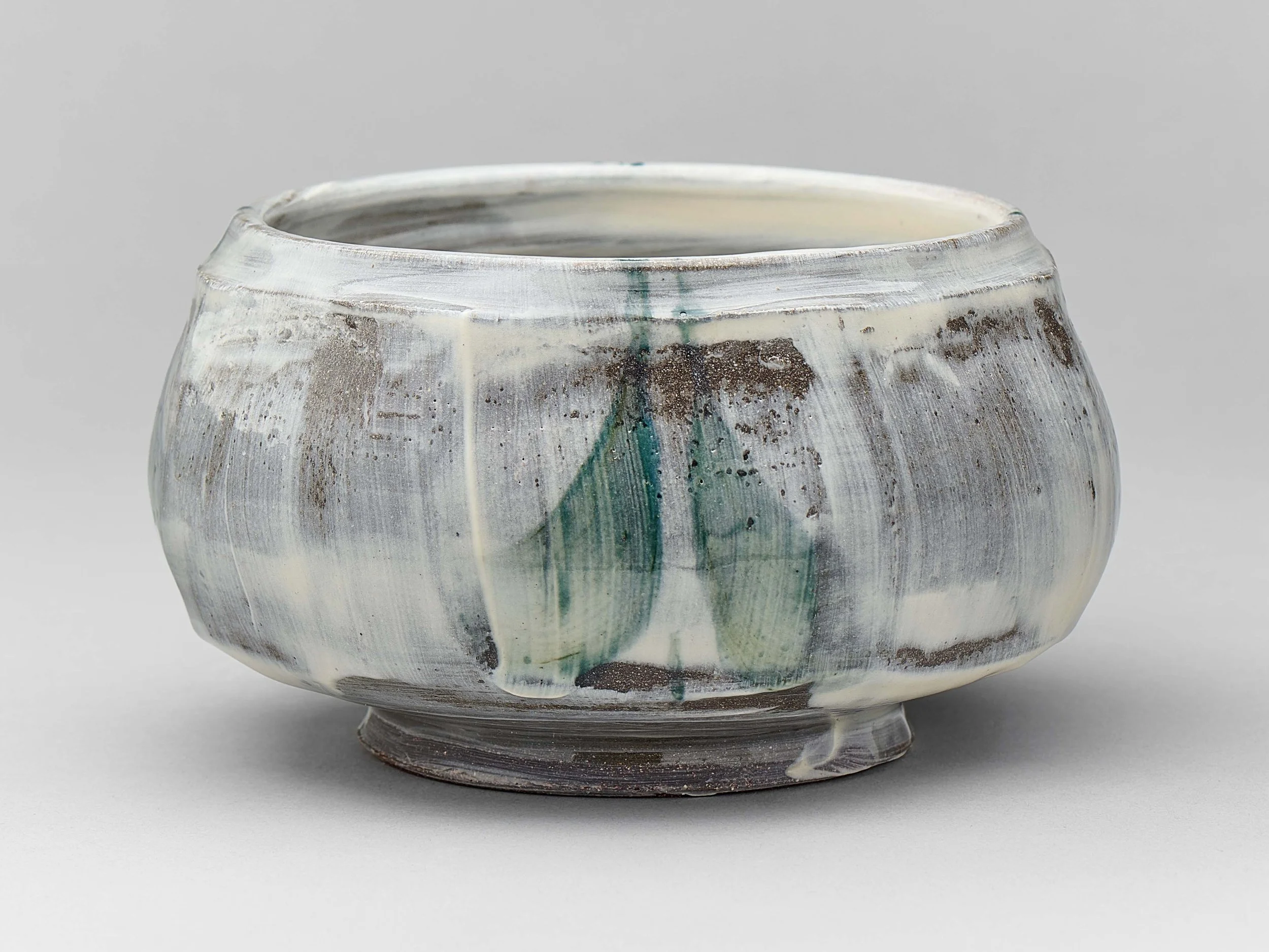 Small Handmade Pottery Faceted Bowl with Misty Turquoise Brush Marks