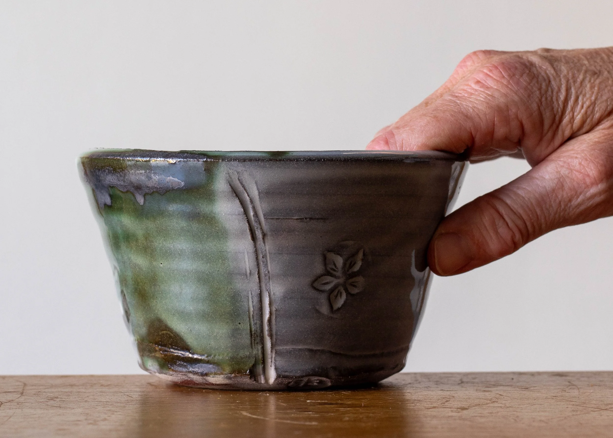 Handmade Pottery Bowl with Green Brush Marks #2, view 5.jpg