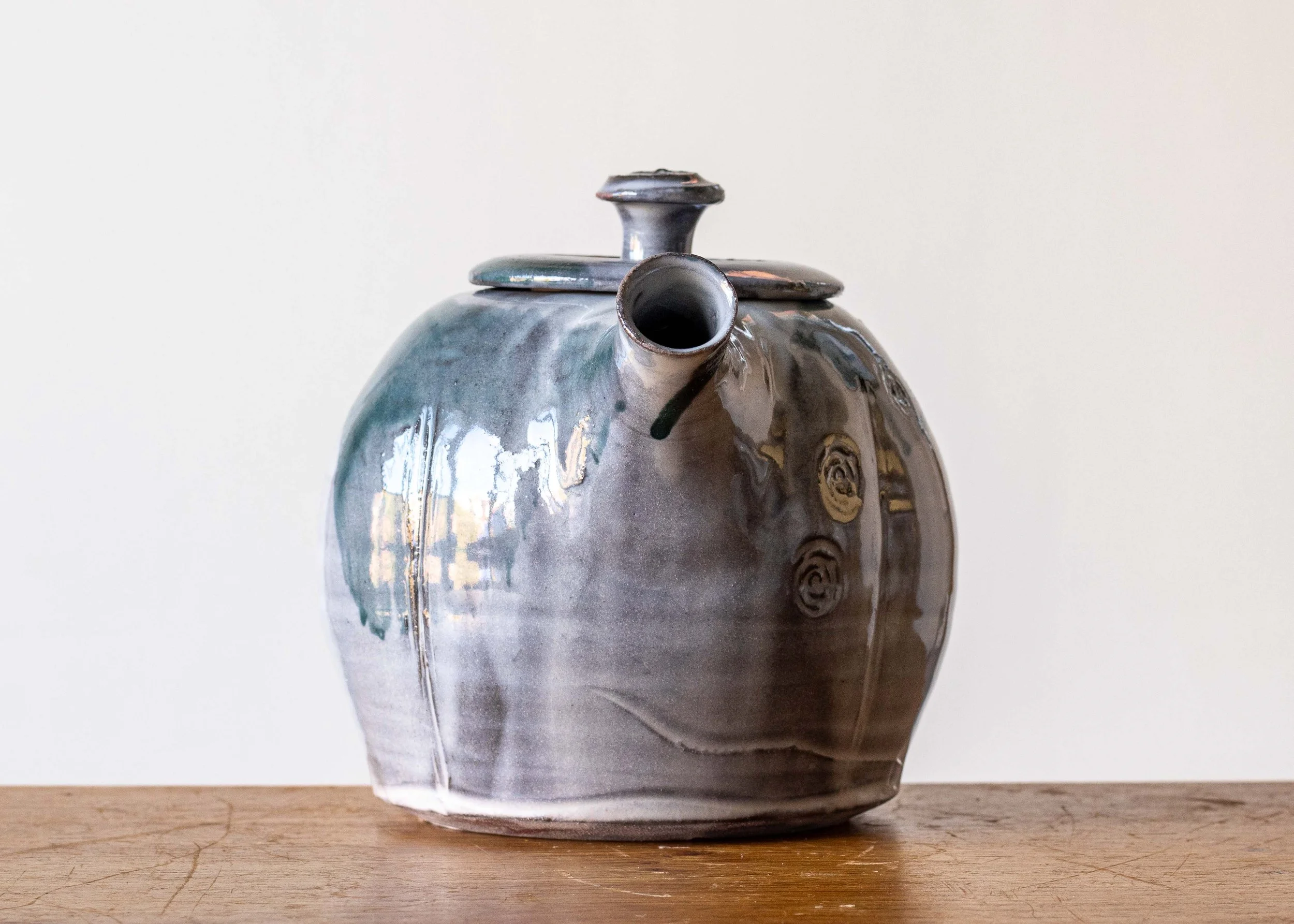 Handmade Pottery Teapot with Turquoise Brush Marks, view 3.jpg