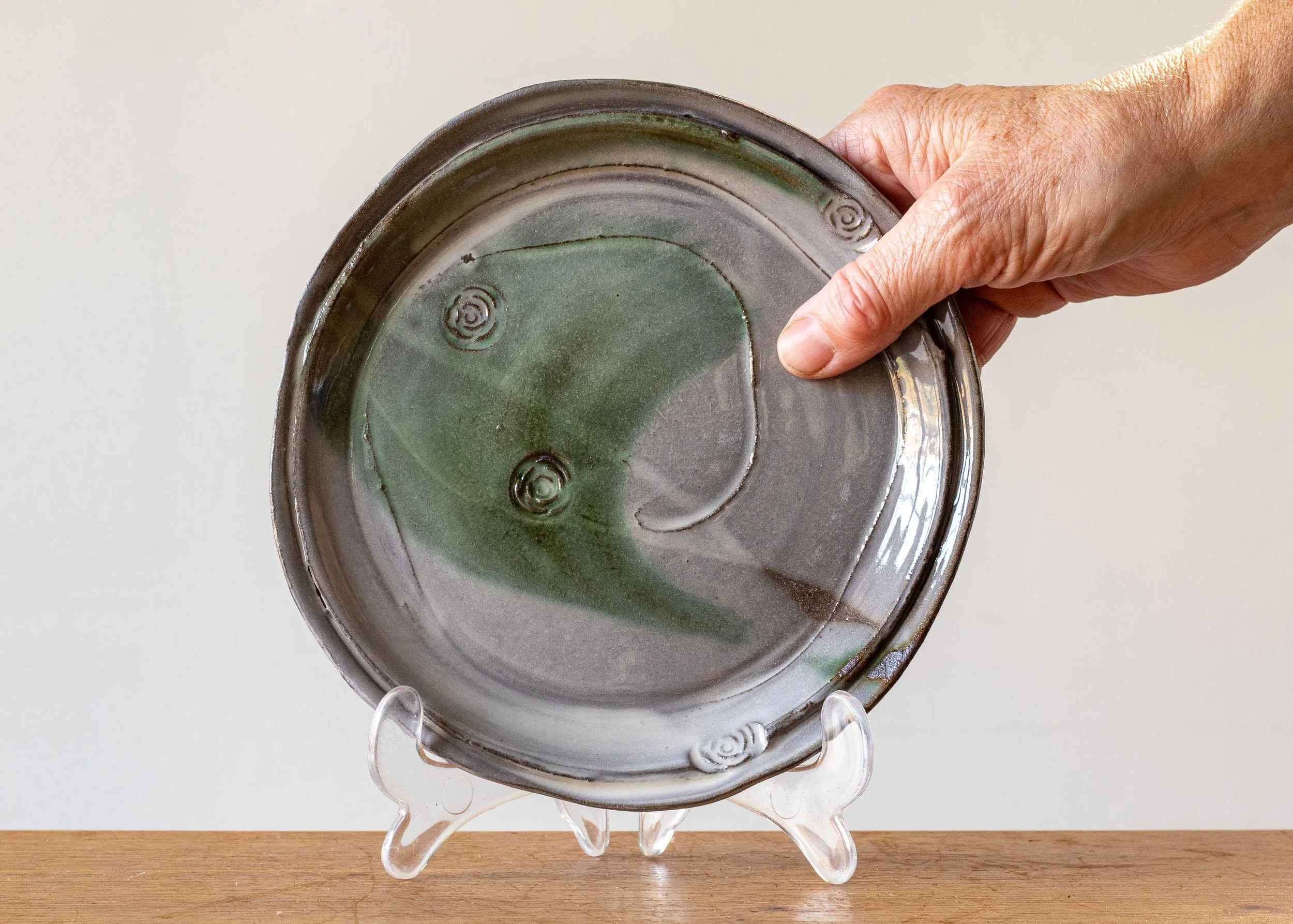 Handmade Pottery Side Plate with Green Brush Marks, view 2.jpg