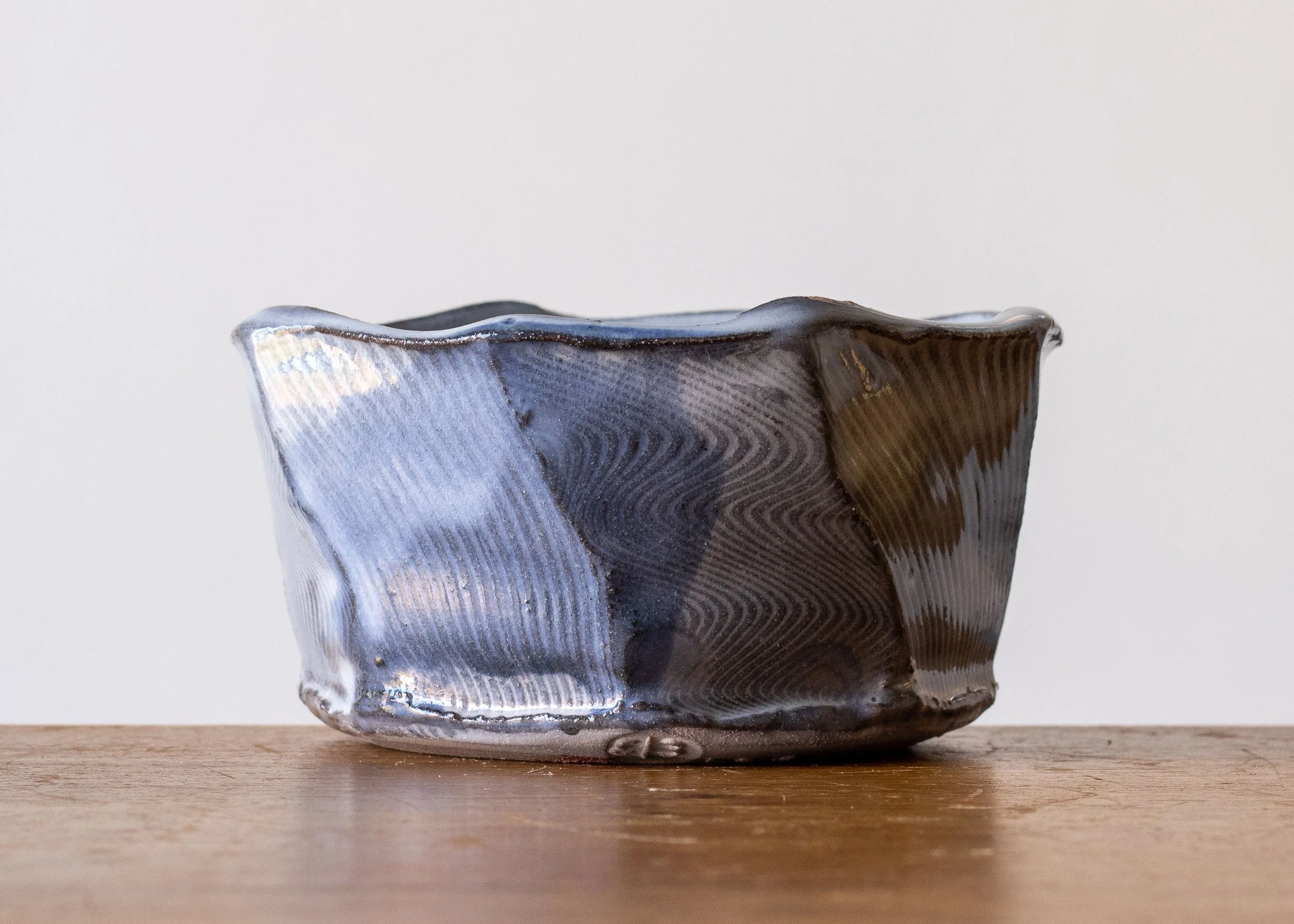 Handmade Pottery Faceted Bowl with Blue Brush Marks, view 1.jpg