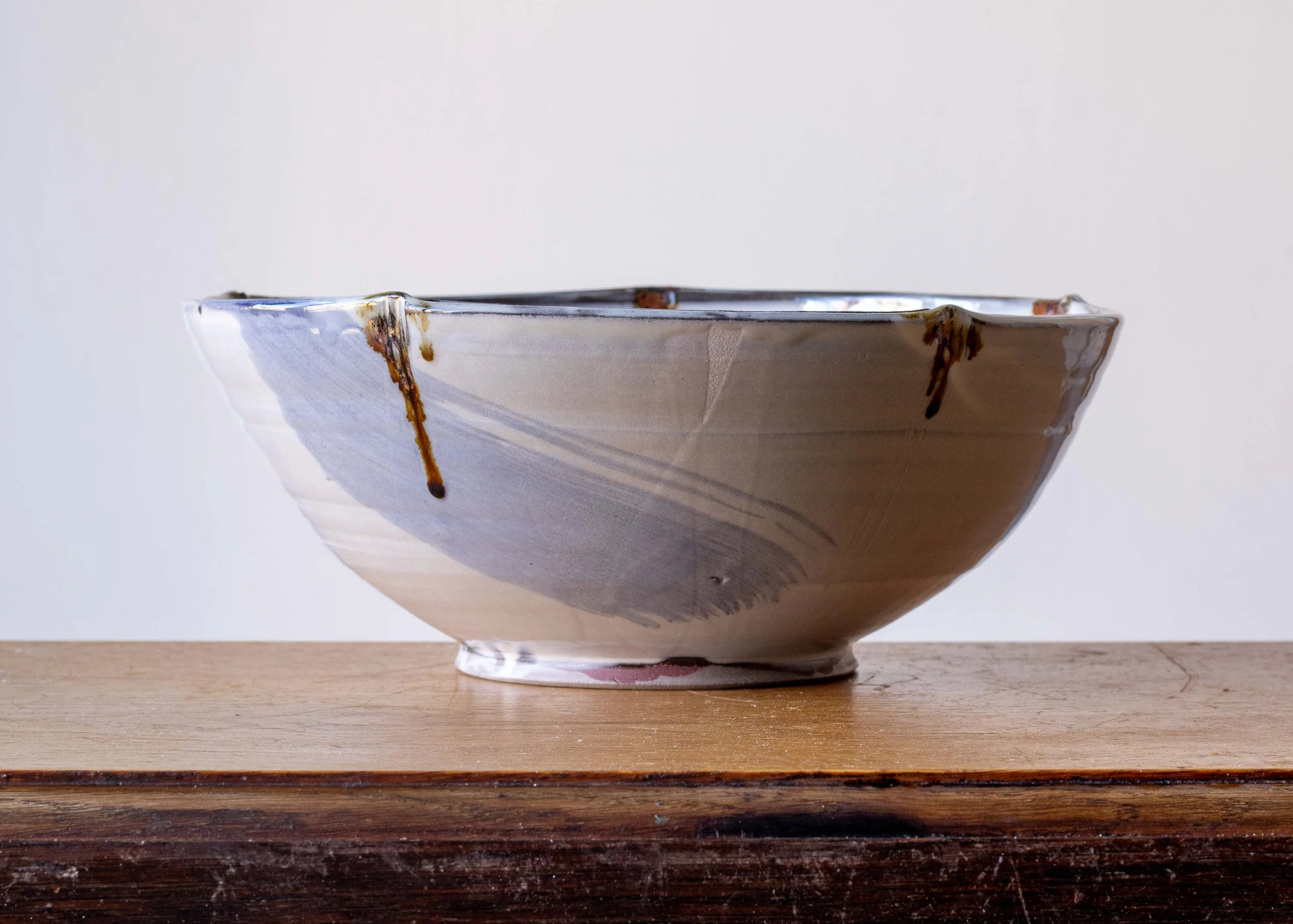 Large Handmade Pottery Bowl with Blue Brush Marks, view 4.jpg