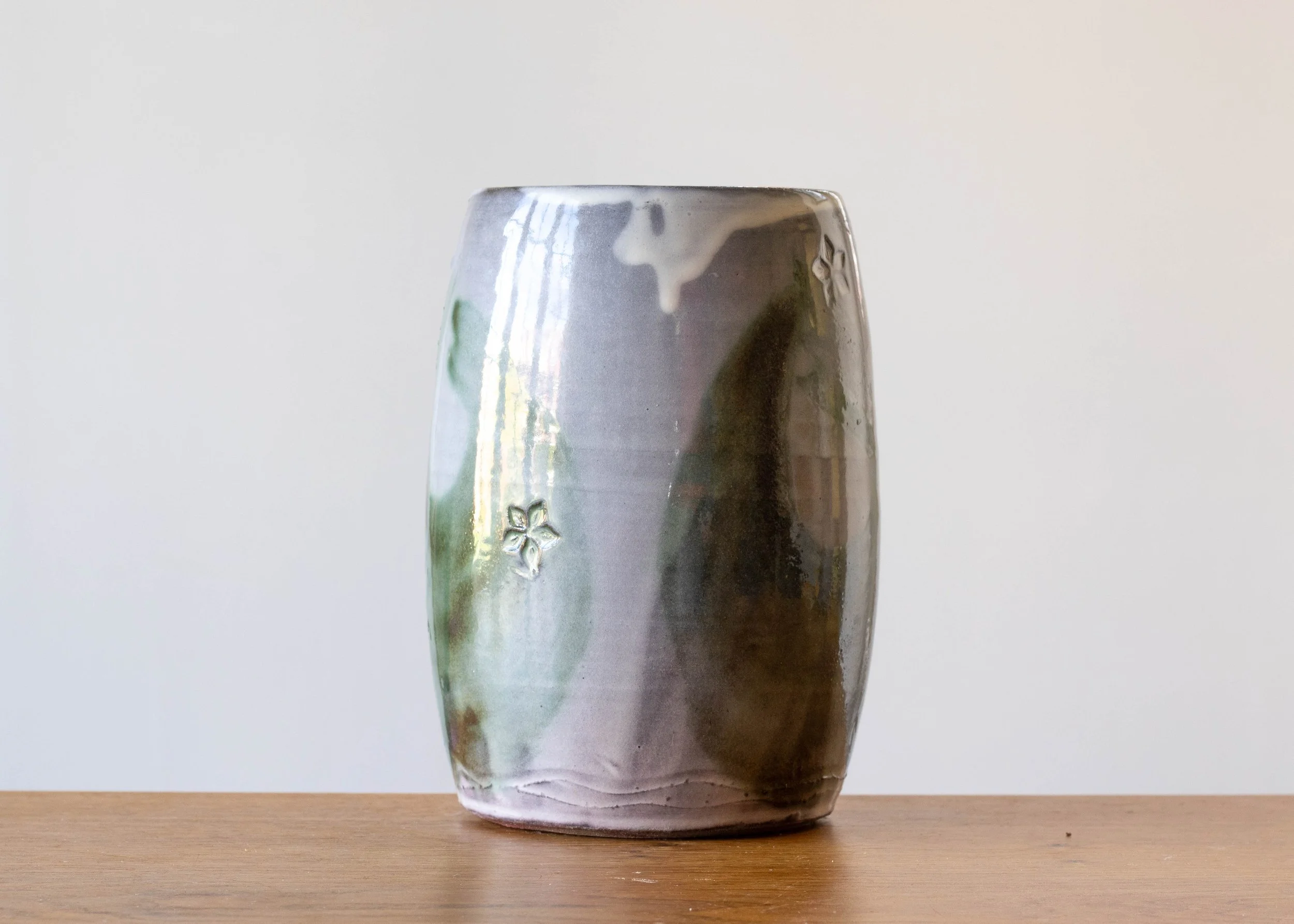 Large Handmade Pottery Vase with Green Brush Marks, view 3.jpg