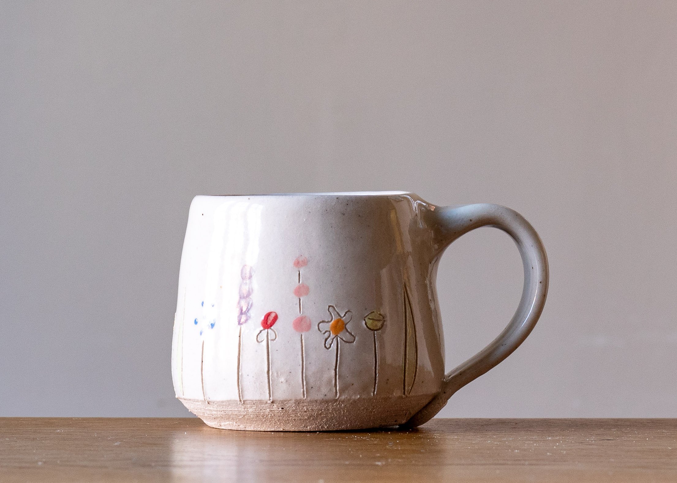 White Handmade pottery Coffee Cup with Midsummer Flower Design.jpg