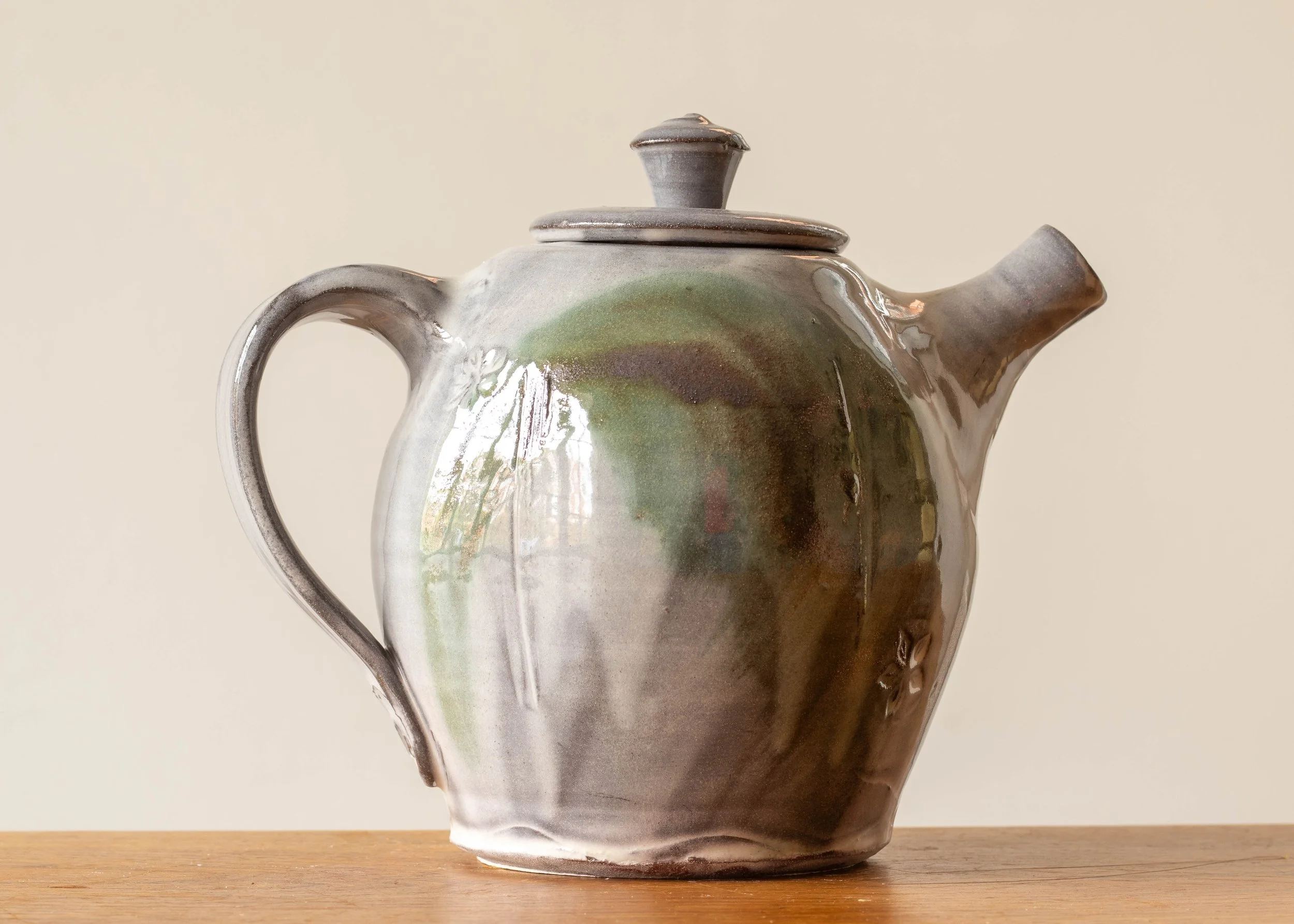 Handmade Pottery Teapot with Green Brush Marks, view 3.jpg
