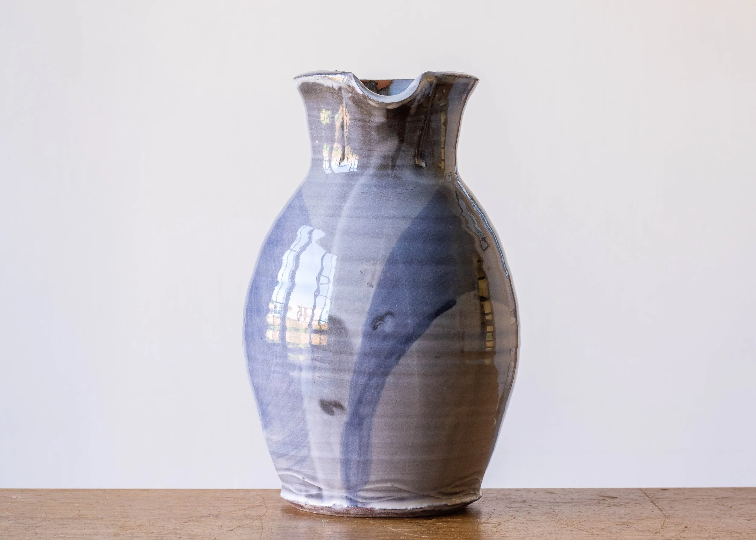 Large Handmade Pottery Jug with Blue Brush Marks, view 3.jpg