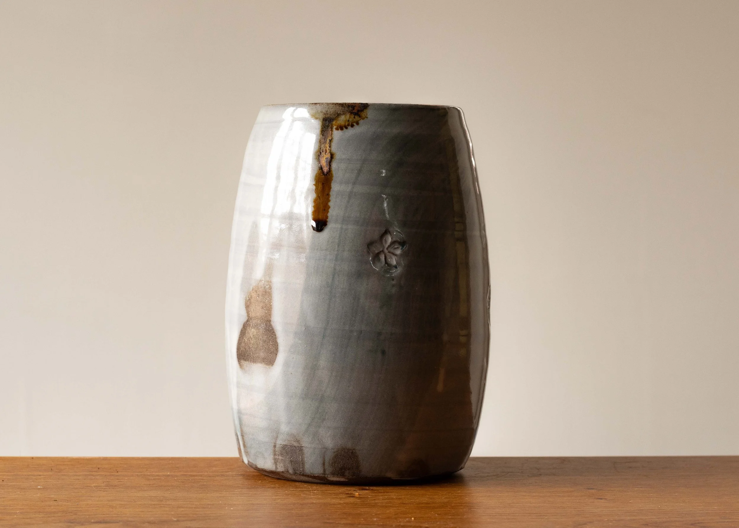 Handmade Pottery Open Vase with Green Brush Marks, view 3.jpg