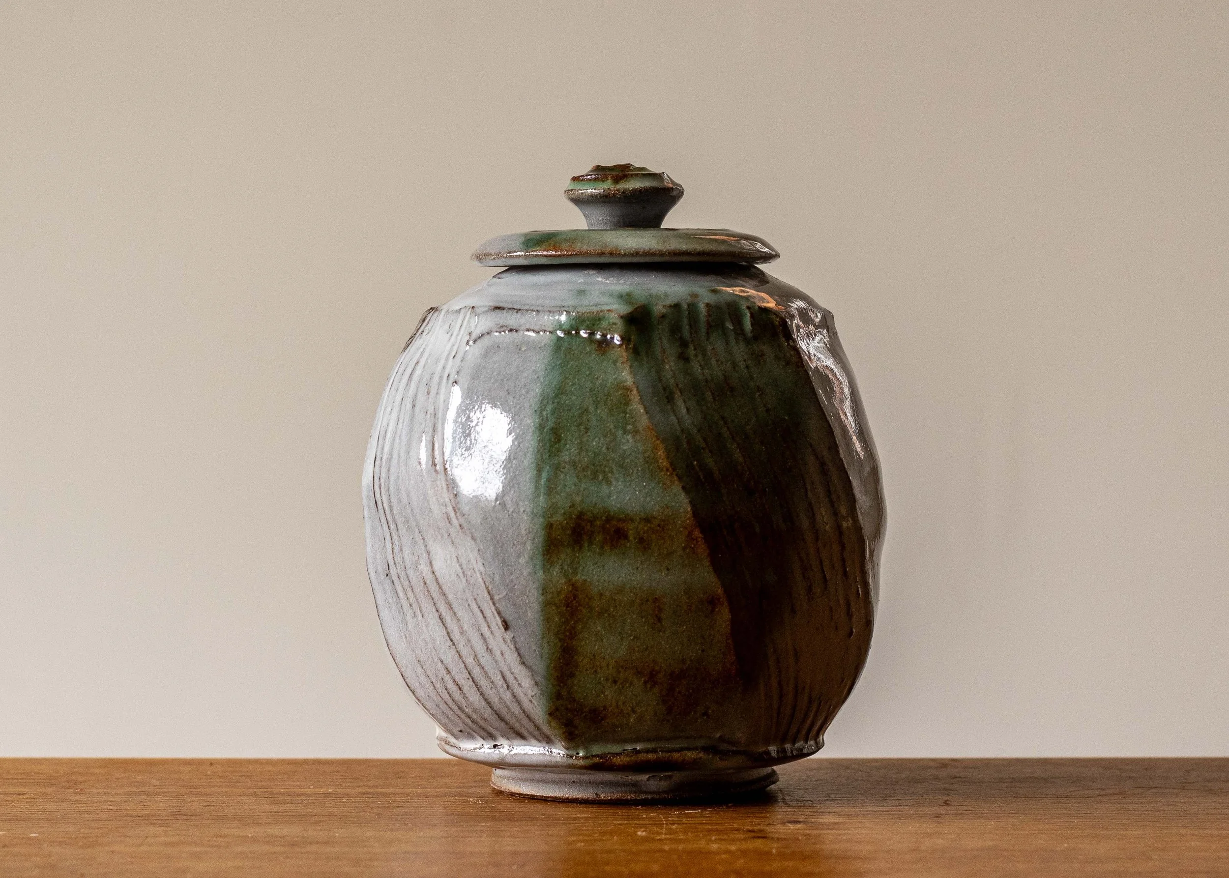 Small Faceted & Textured Lidded Pot with Green Brush Mark, view 3.jpg