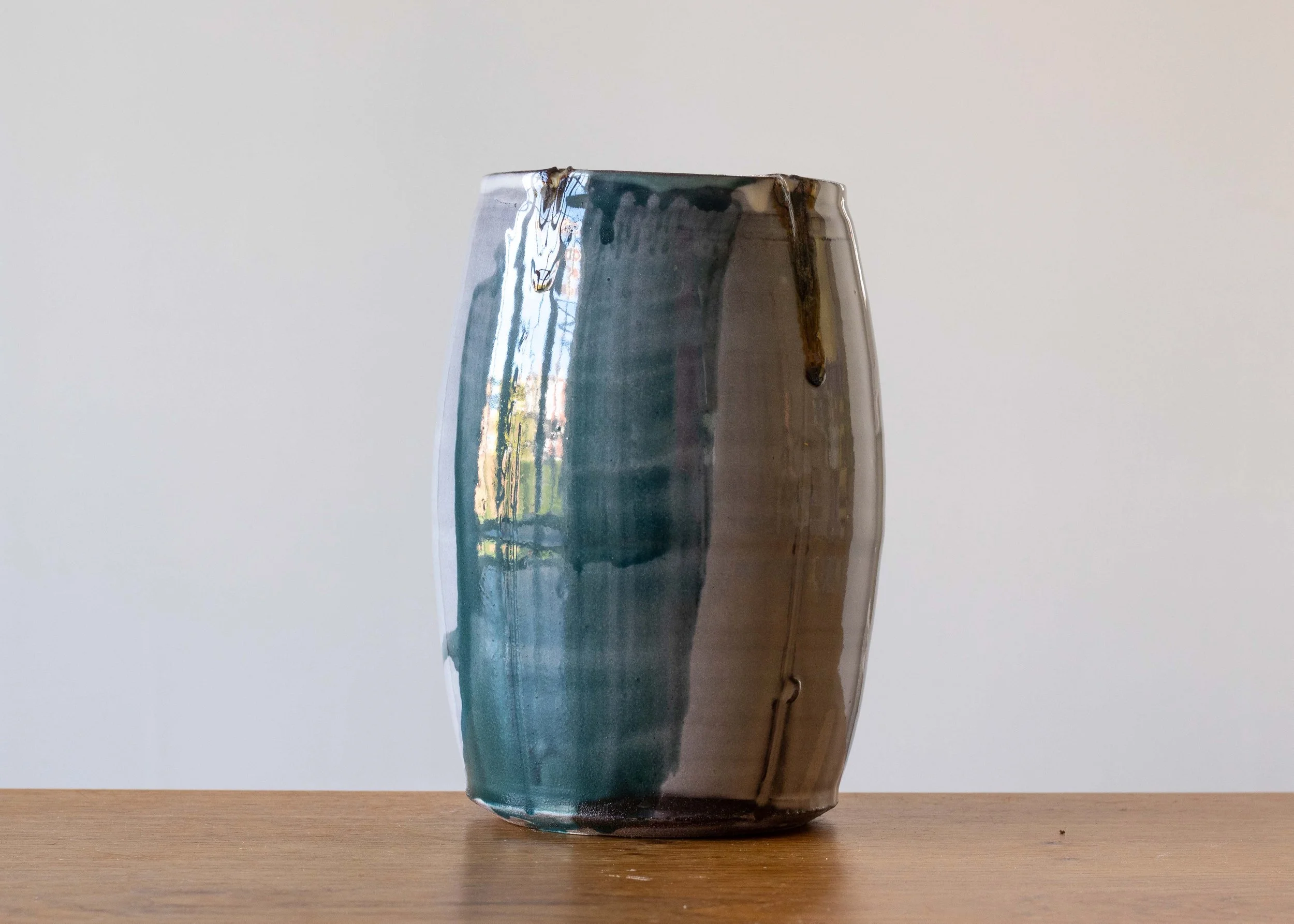 Large Handmade Pottery Vase with Turquoise Brush Marks, view 1.jpg