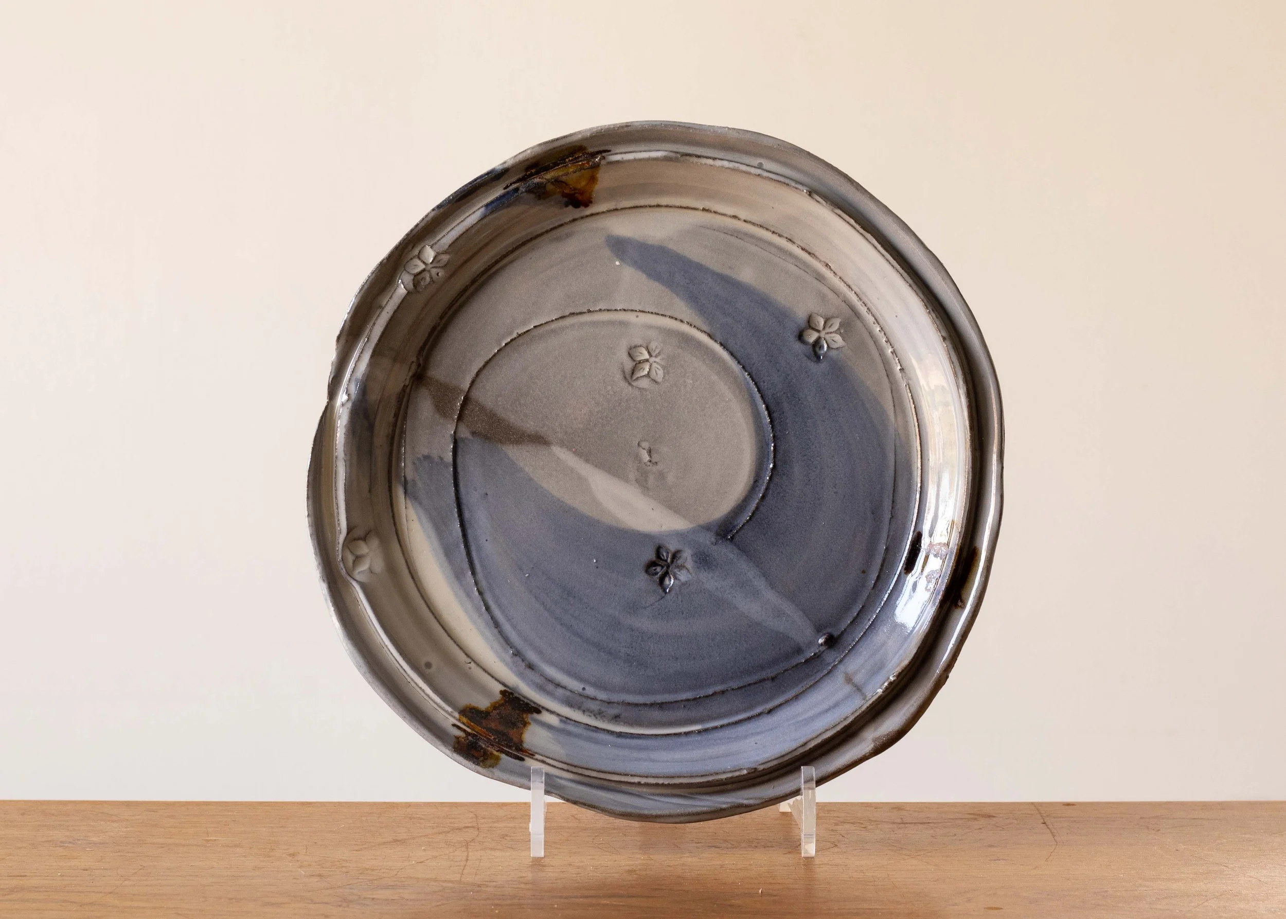 Handmade Pottery Dinner Plate with Blue Brush Marks, view 1.jpg