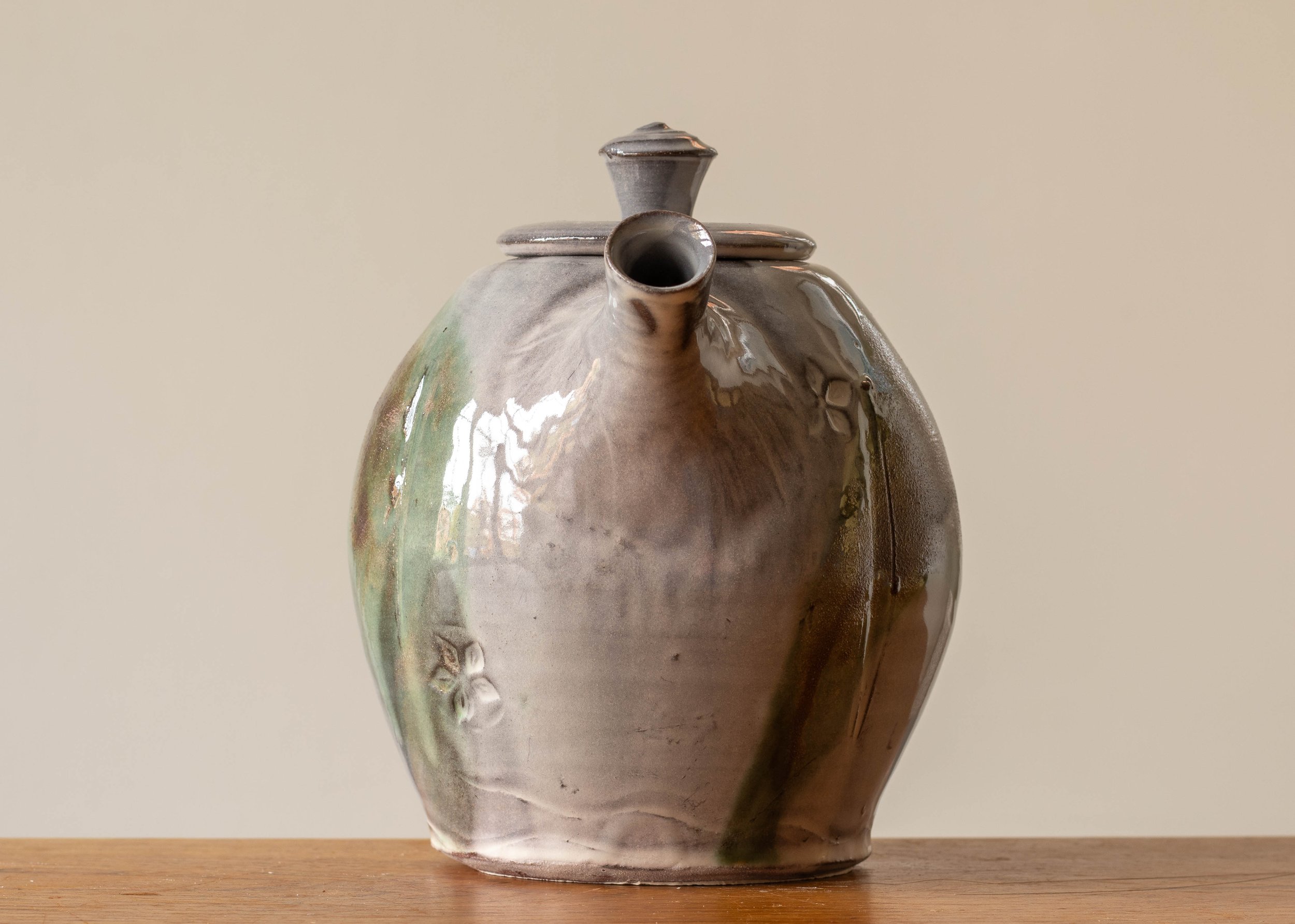 Handmade Pottery Teapot with Green Brush Marks, view 2.jpg