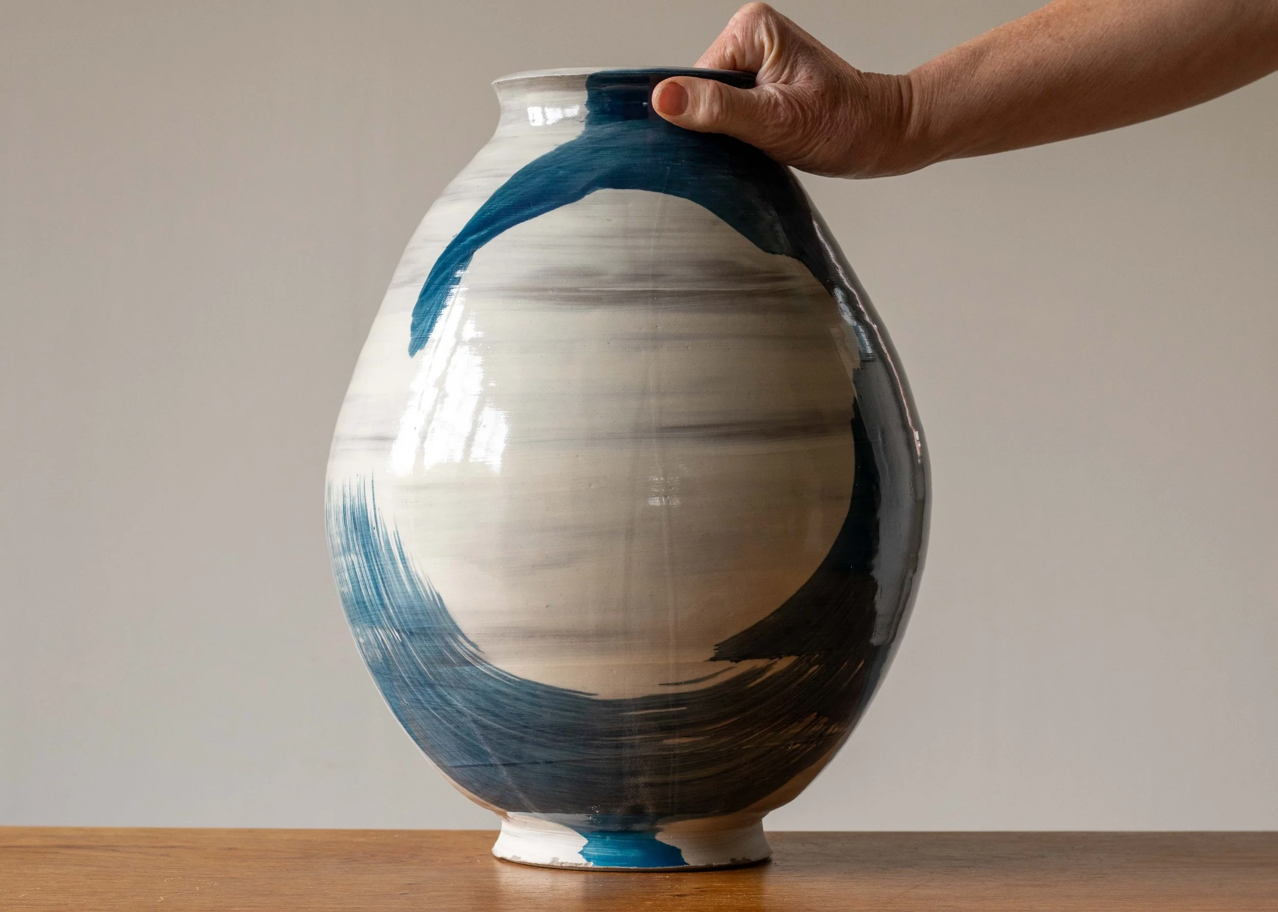 Large White Handmade Pottery Moon Jar with Blue Brush Decoration