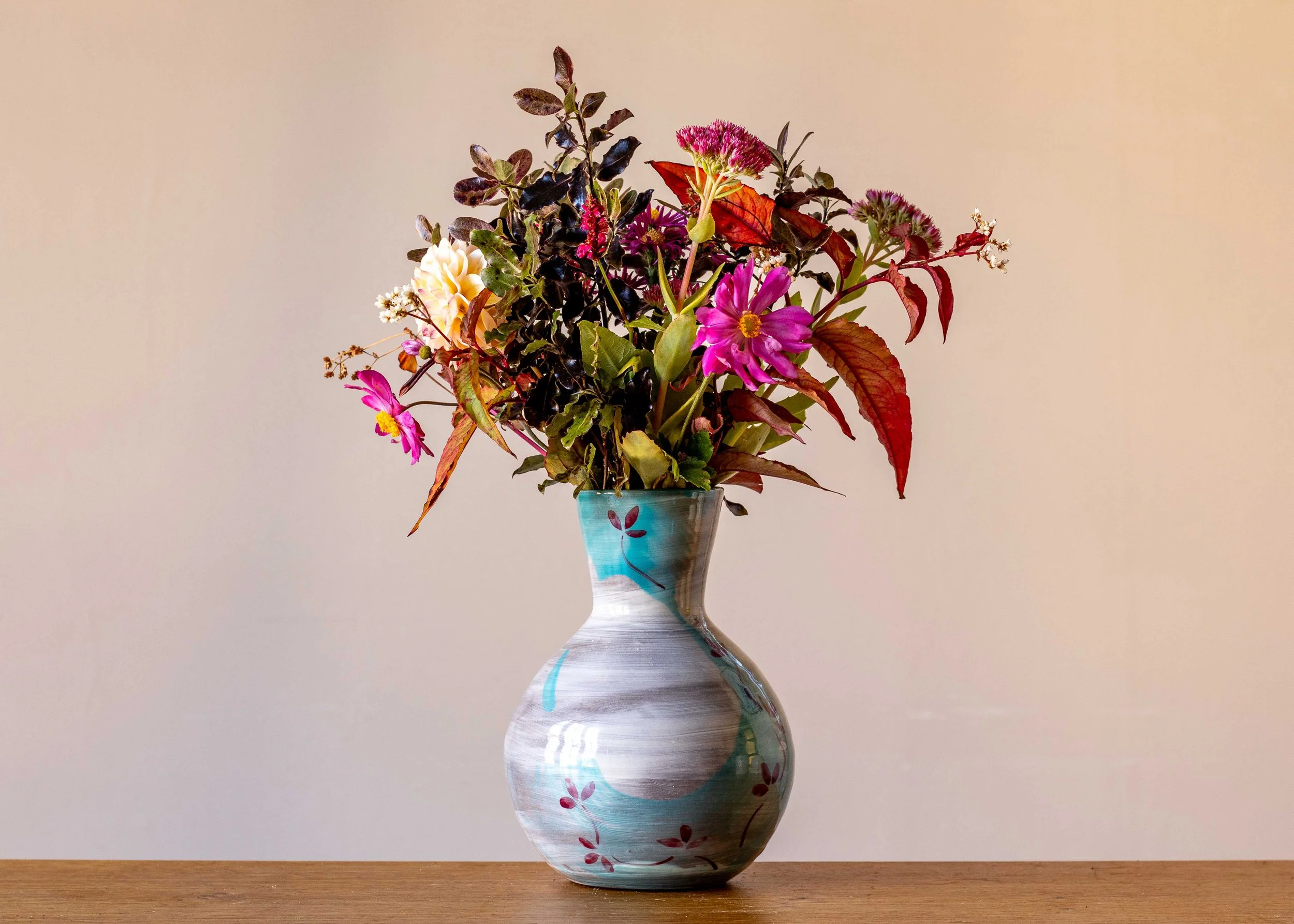 Medium White Handmade Pottery Vase with Turquoise & Burgundy Autumn Leaf Decoration