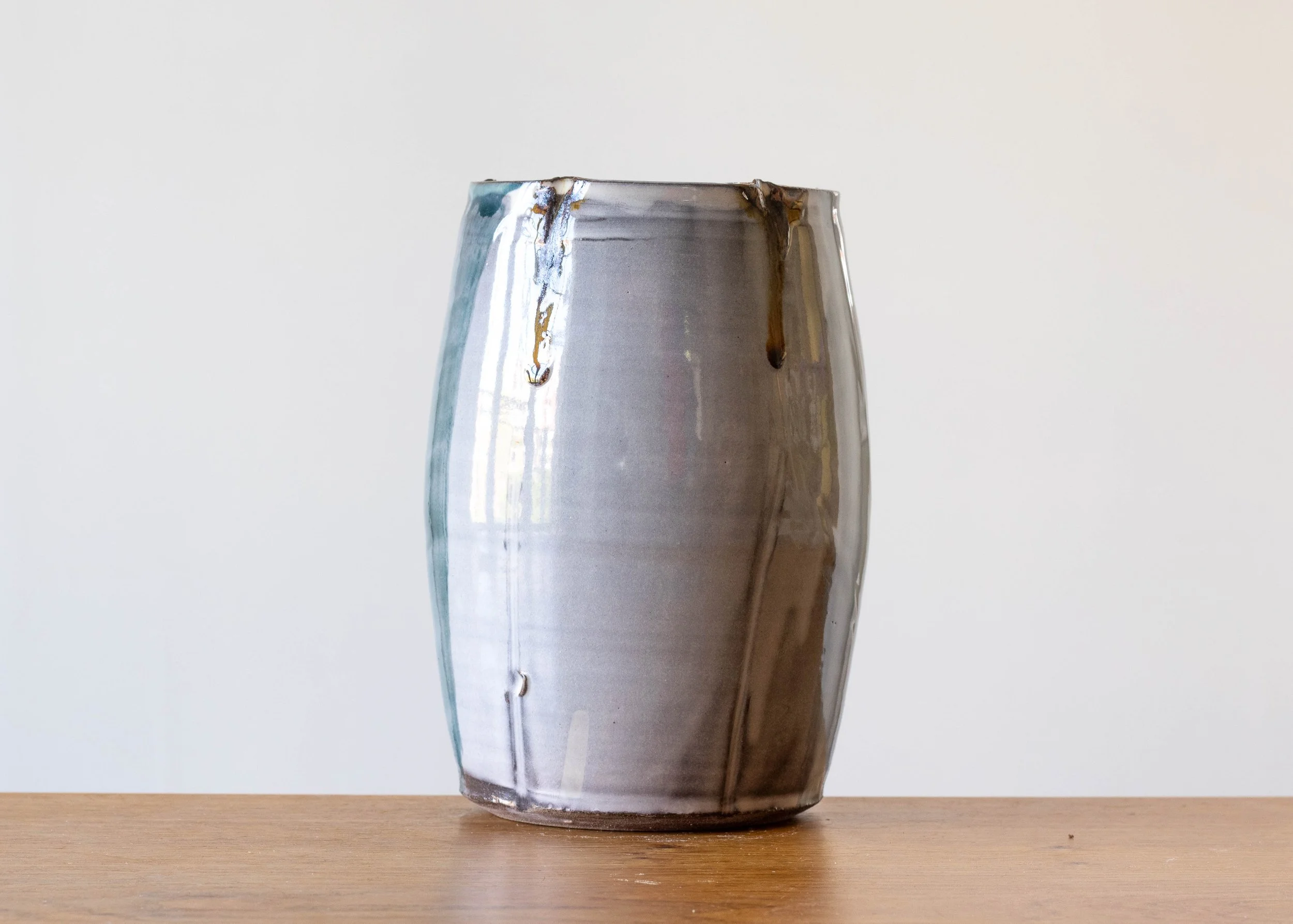 Large Handmade Pottery Vase with Turquoise Brush Marks, view 4.jpg